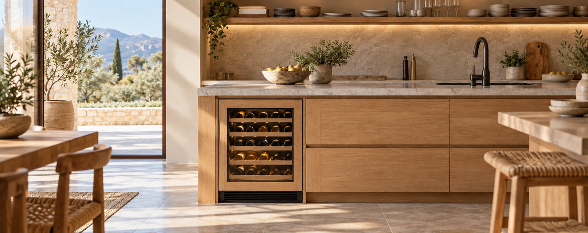 Imagen ilustrativa de una vinoteca panelable con marco de madera, integrada bajo encimera