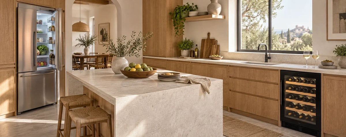 Nevera abierta y vinoteca con botellas en una cocina de madera y piedra natural