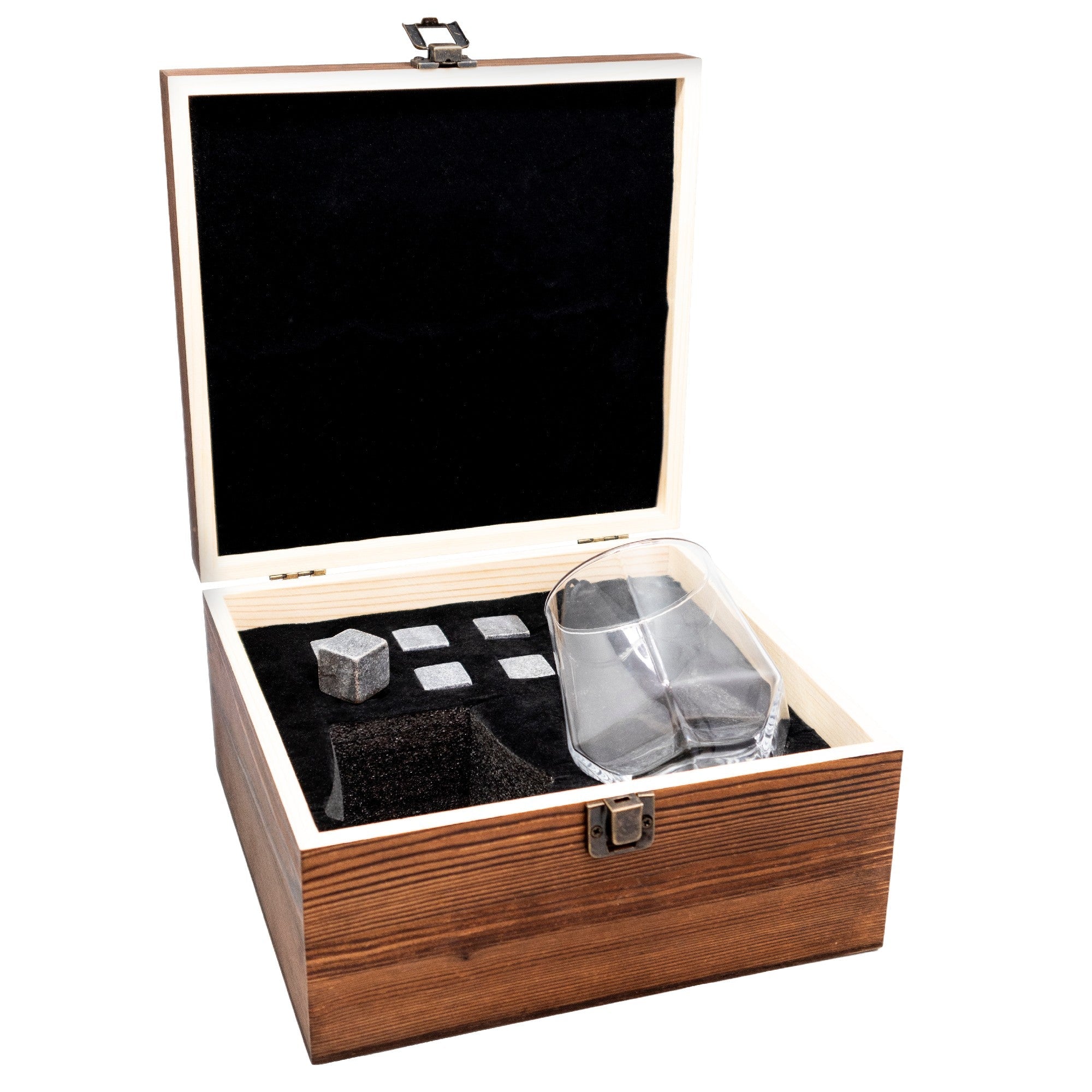 Set de whiskey con copas y piedras en caja de madera