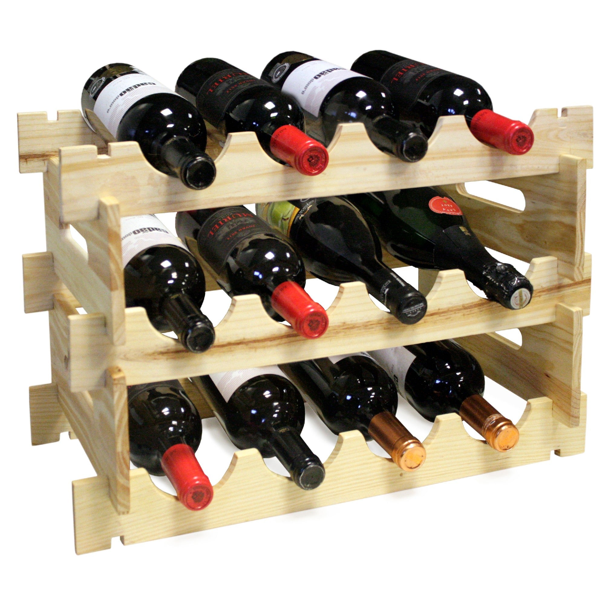 Botellero de madera de pino para 12 botellas apilable