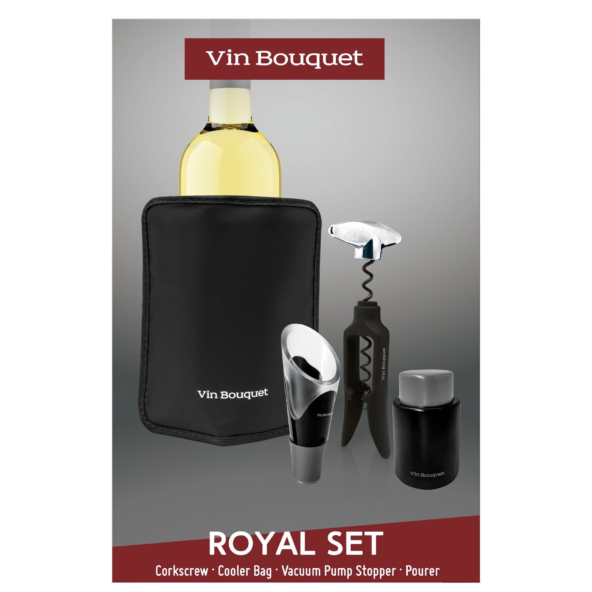 Royal Wine Set – Automatic Corkscrew, Pourer, Vacuum Stopper and Cooling Sleeve