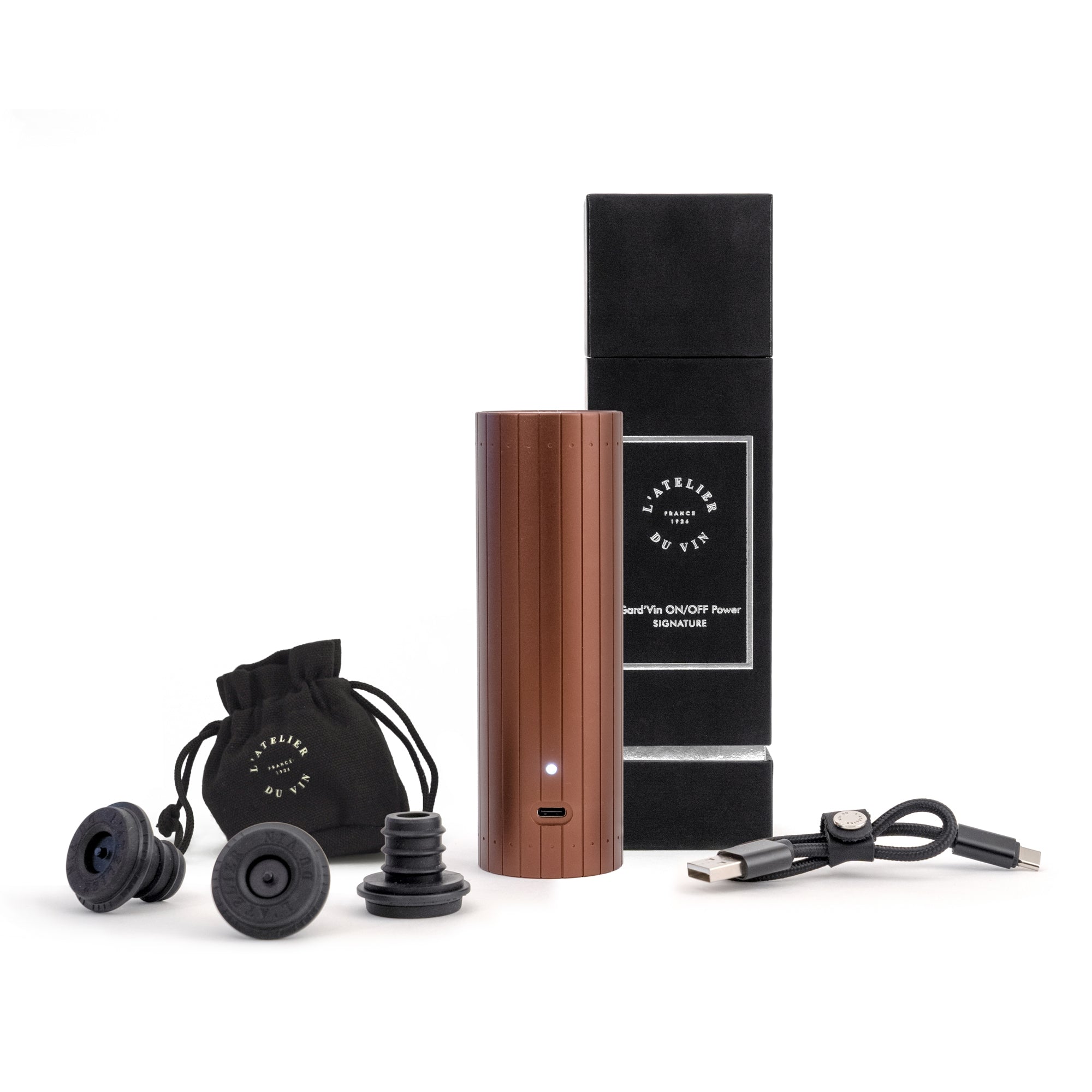 Contenido completo del Gard'Vin On/Off Power Signature L'Atelier du Vin con caja, tapones, cable USB y bolsa