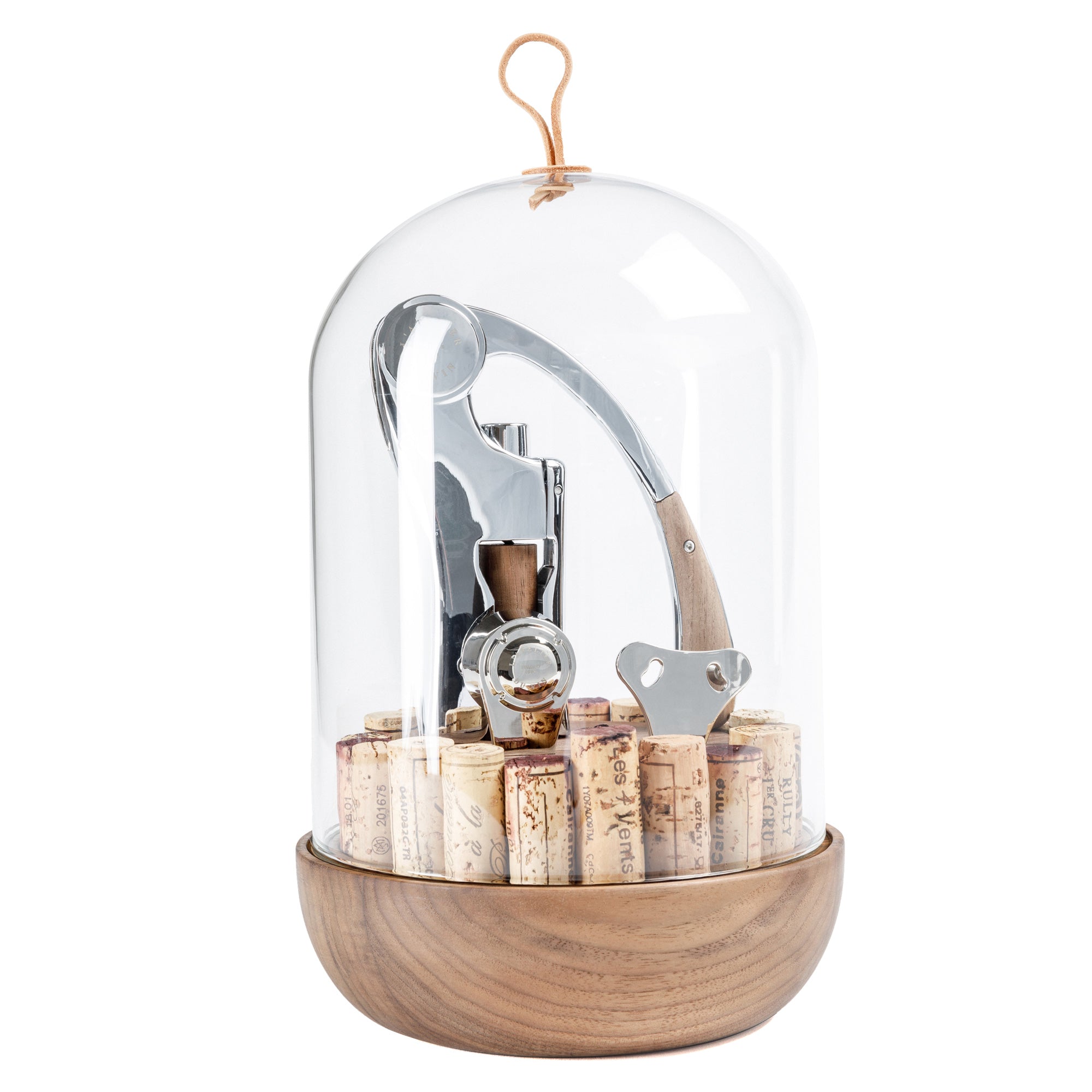 Descorchador L'Atelier du Vin Oeno Motion Groom bajo campana de vidrio con base de madera y corchos