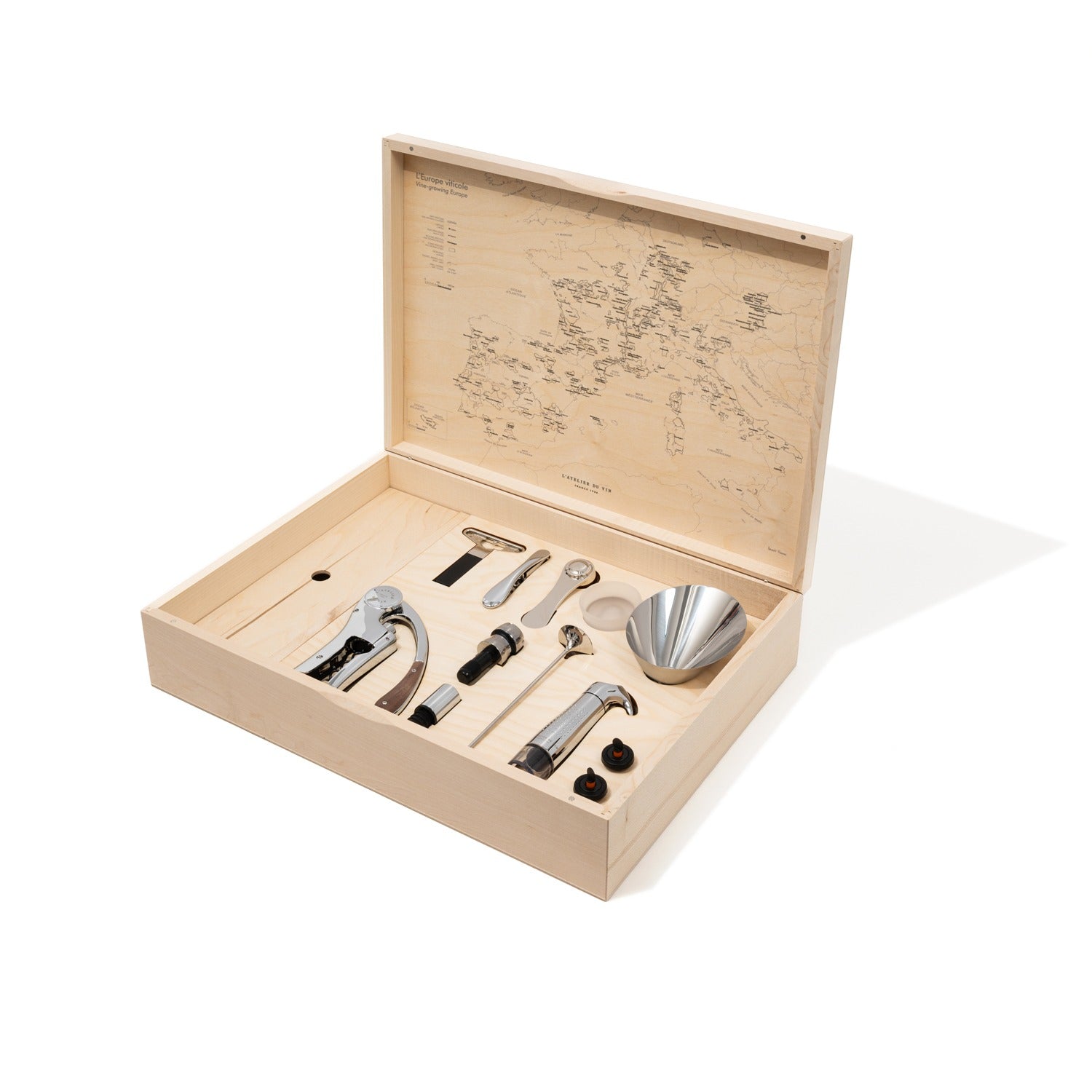 Caja de madera L'Atelier du Vin Oeno Box Connoisseur 1 abierta con set de accesorios para el vino
