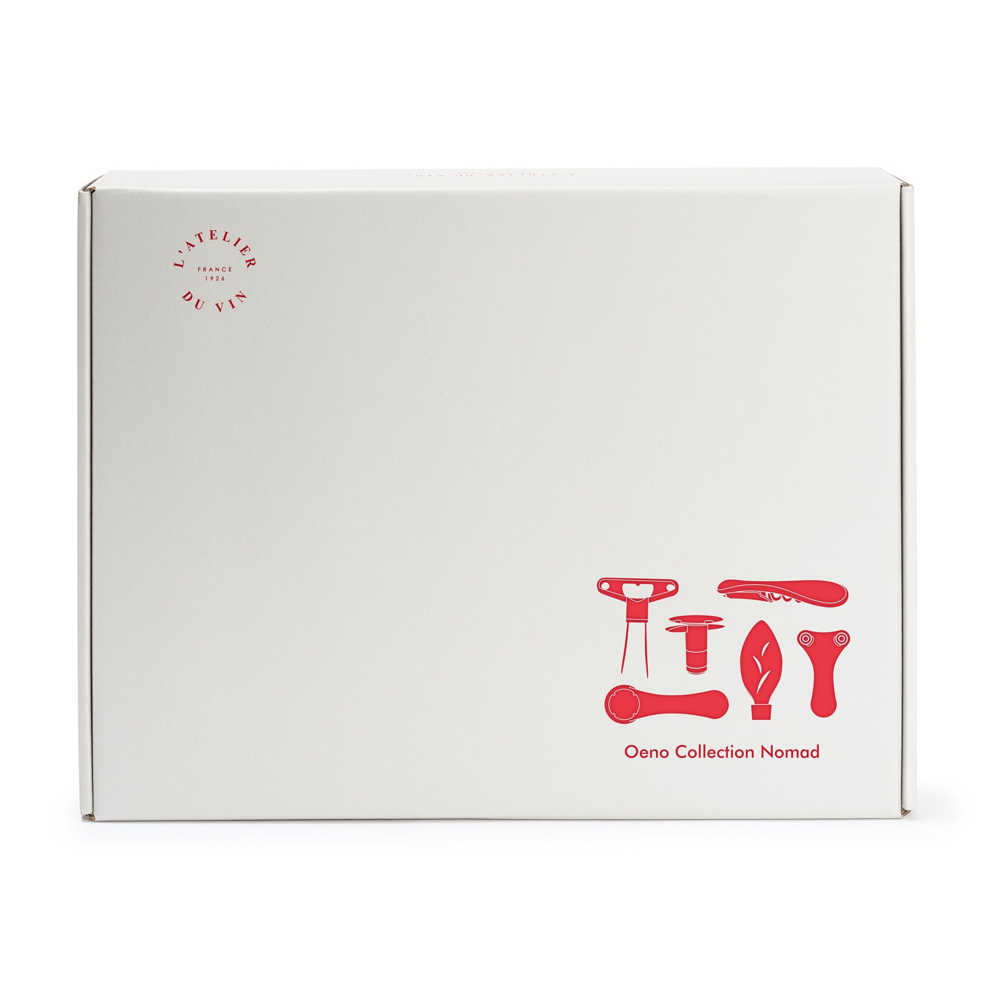 Caja cerrada del estuche L'Atelier du Vin Oeno Collection Nomad con ilustraciones de accesorios de vino en rojo