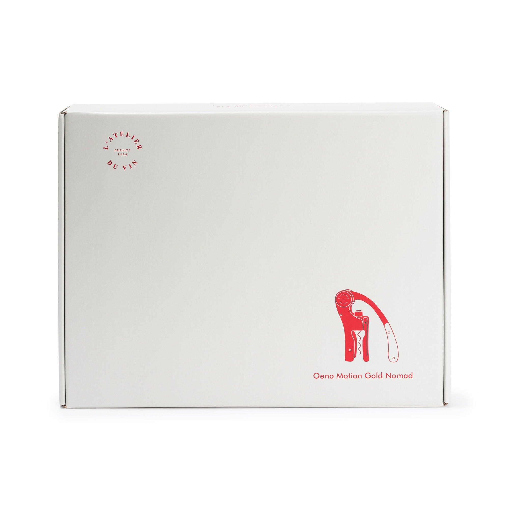 Caja exterior blanca del set Oeno Motion Gold Nomad L'Atelier du Vin con ilustración roja del sacacorchos