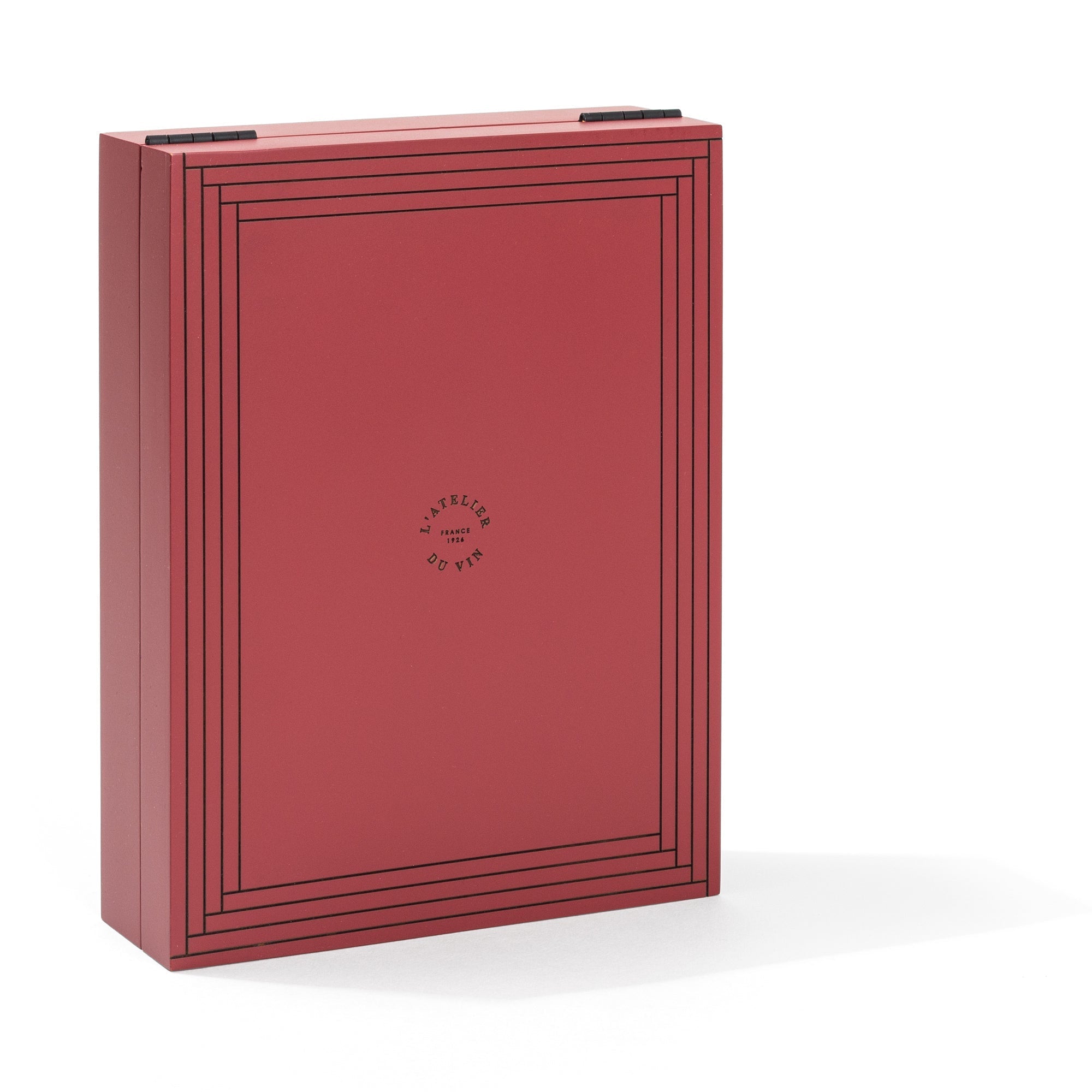Caja lacada roja cerrada del Oeno Motion Trésor L'Atelier du Vin con sello grabado vista frontal