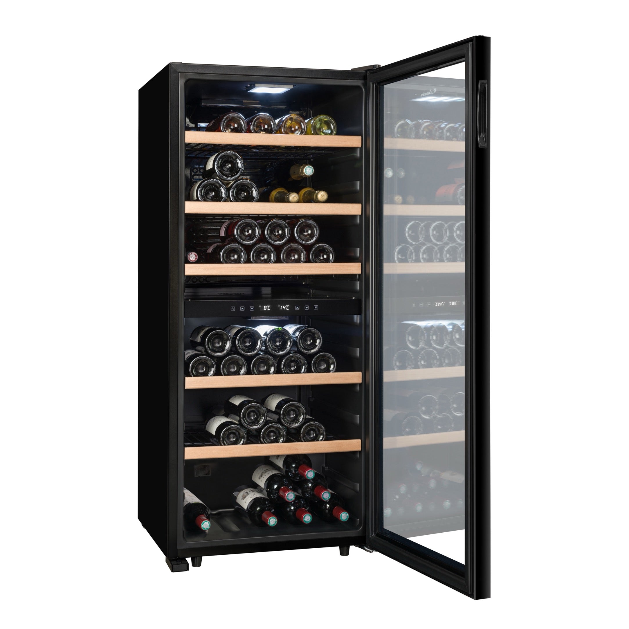 Vista de la Vinoteca 102 botellas La Sommelière LS102DZ BLACK doble zona cargada de botellas de vino tinto y blanco