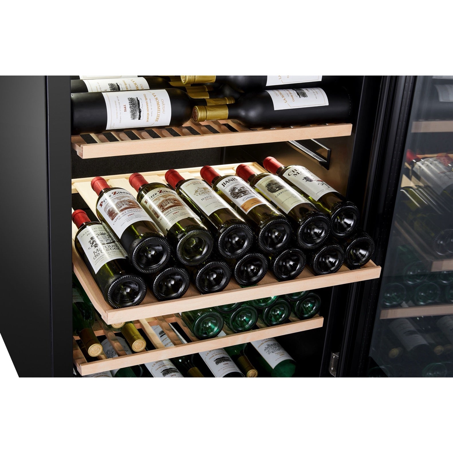 Vista de la Vinoteca 143 botellas La Sommelière APOGEE 145DZ doble zona cargada de botellas de vino tinto y blanco