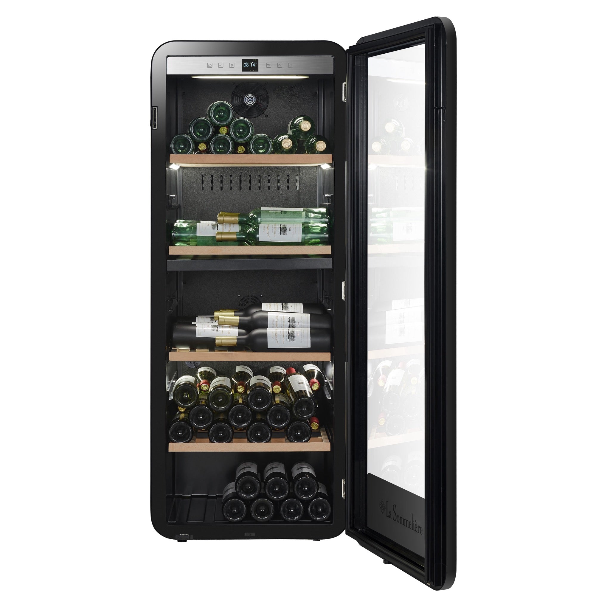 Vista de la Vinoteca 143 botellas La Sommelière APOGEE 145DZ doble zona con estantes de madera llenos de botellas