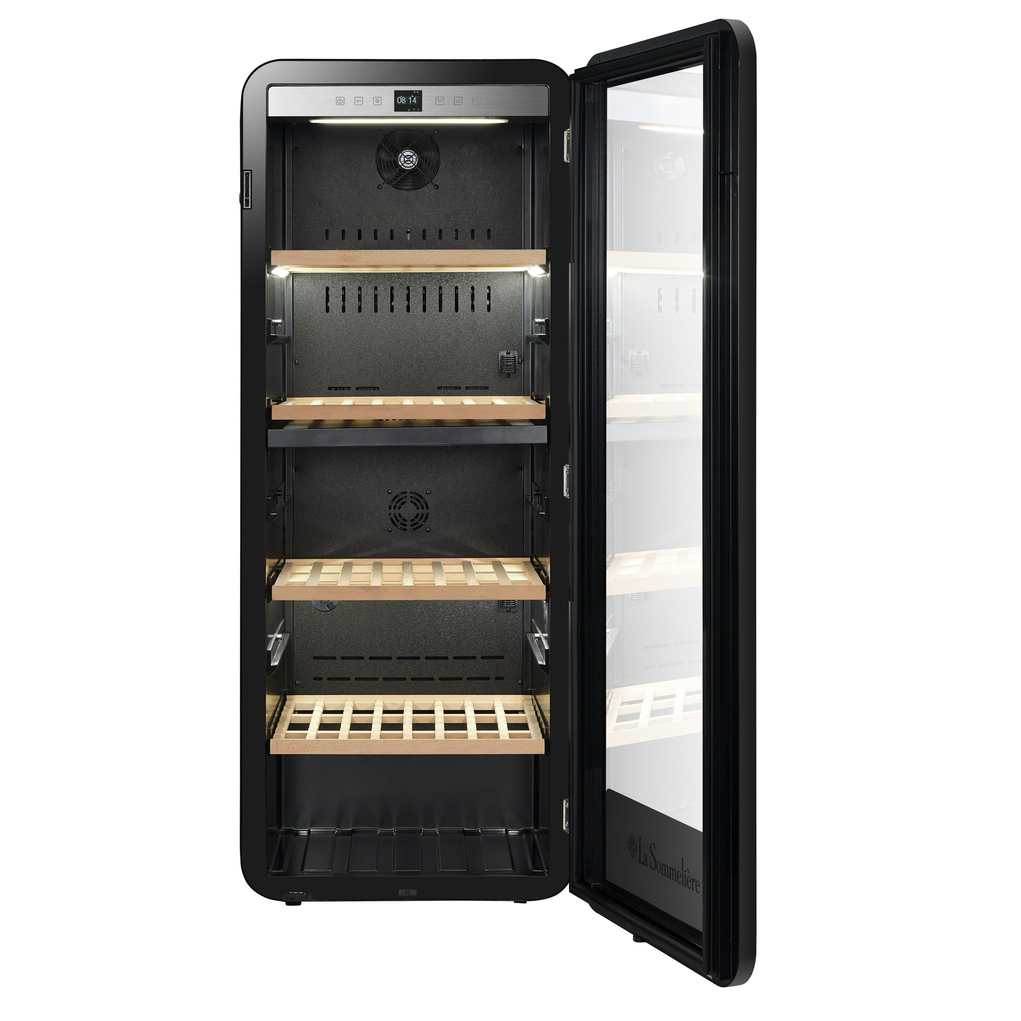 Vista de la Vinoteca 143 botellas La Sommelière APOGEE 145DZ doble zona completamente abastecida con botellas de vino