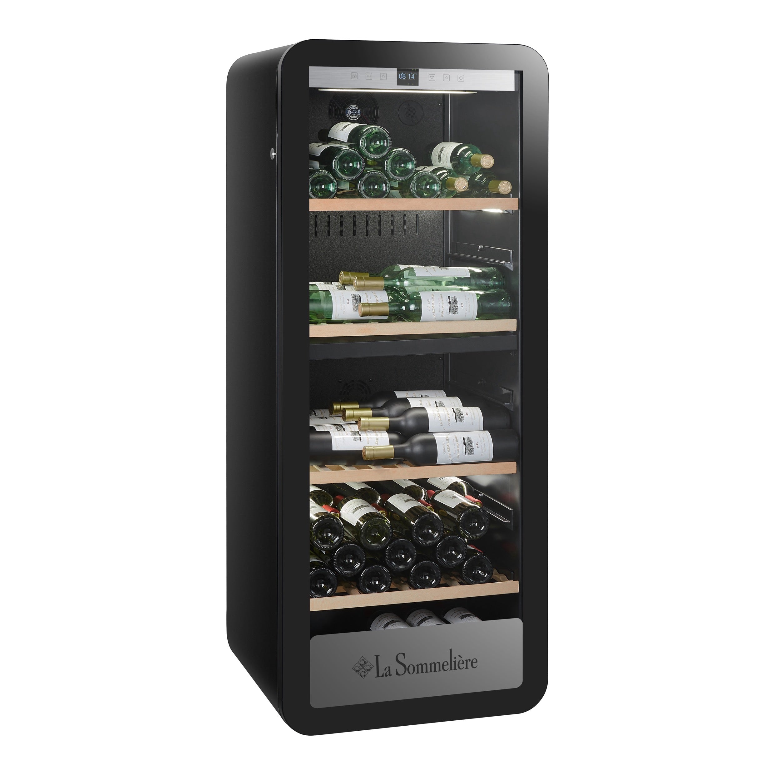 Vista de la Vinoteca 143 botellas La Sommelière APOGEE 145DZ doble zona repleta de botellas en estantes de madera