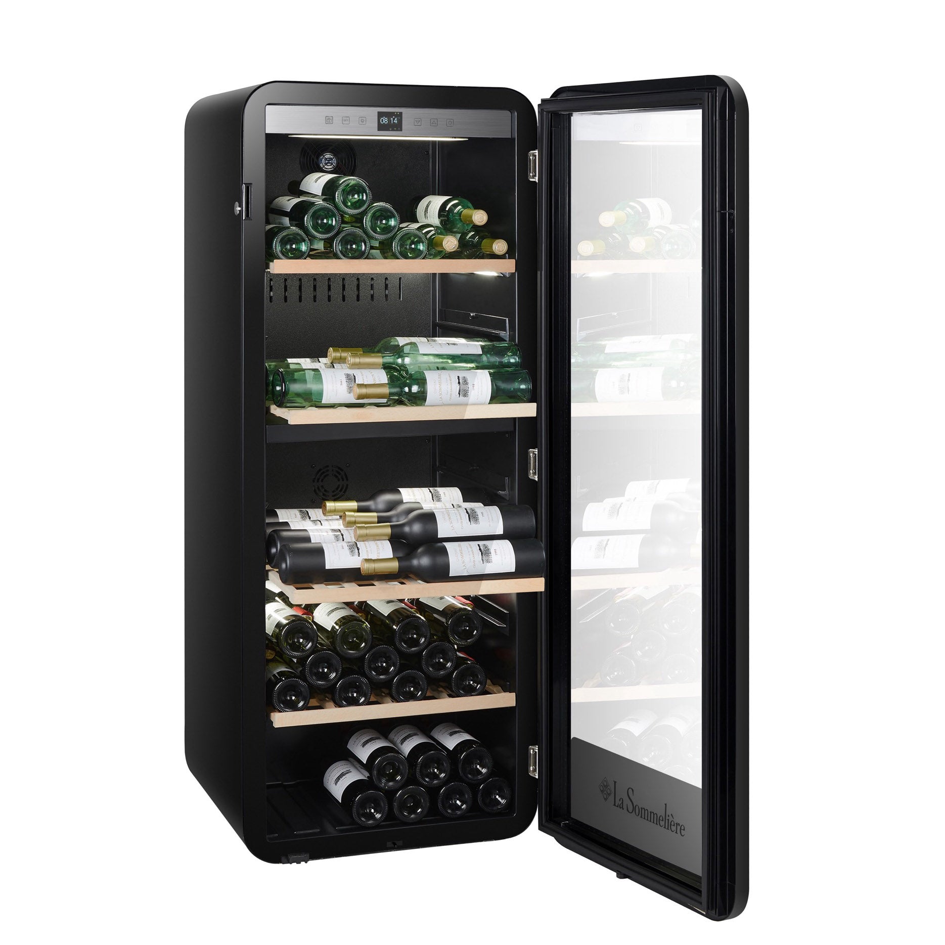 Vista de la Vinoteca 143 botellas La Sommelière APOGEE 145DZ doble zona completamente abastecida con botellas de vino