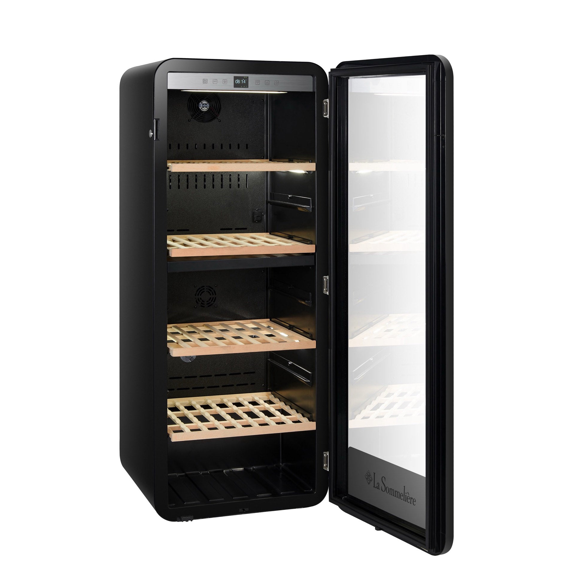 Vista de la Vinoteca 143 botellas La Sommelière APOGEE 145DZ doble zona con estantes de madera llenos de botellas