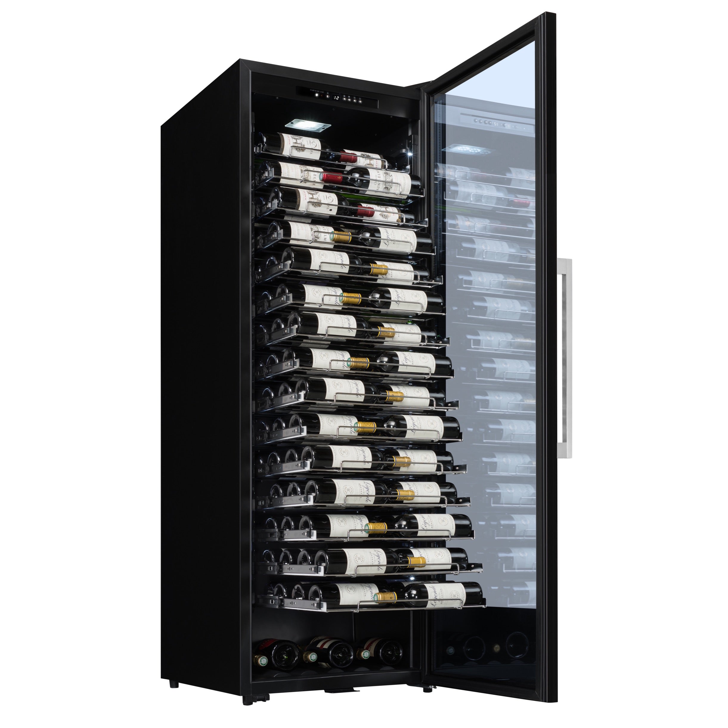 Vista de la Vinoteca 152 botellas La Sommelière PRO160N completamente abastecida con botellas de vino