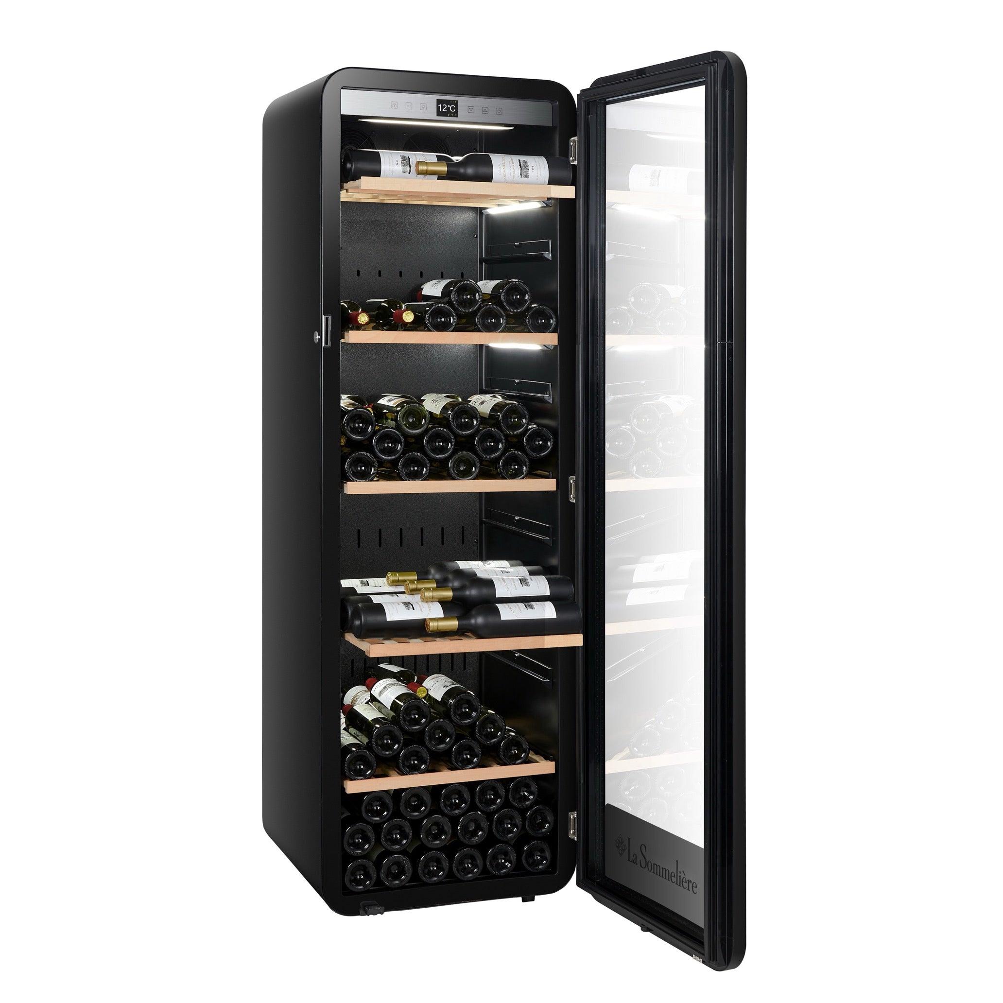 Vista de la Vinoteca 185 botellas La Sommelière APOGEE 200PV con estantes de madera llenos de botellas