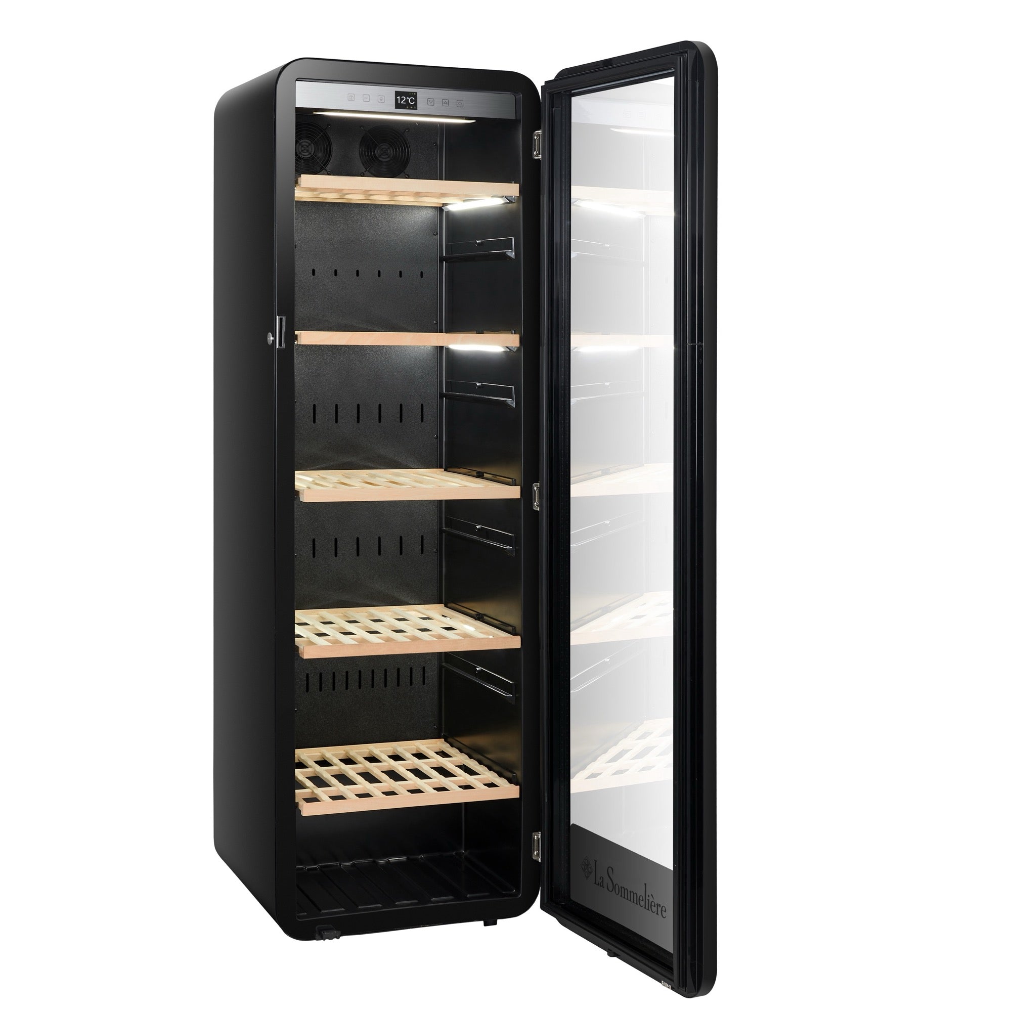 Vista de la Vinoteca 185 botellas La Sommelière APOGEE 200PV repleta de botellas en estantes de madera