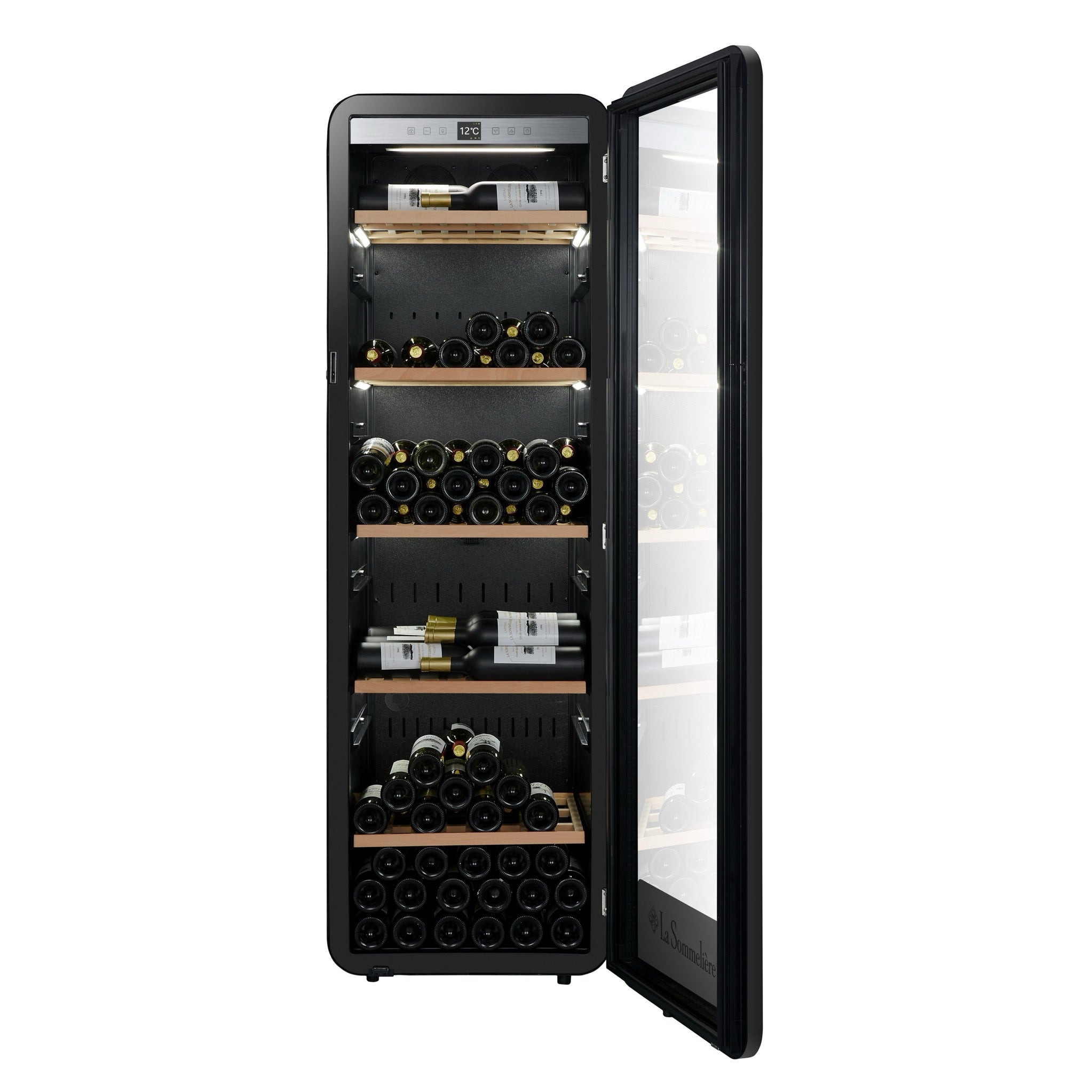 Vista de la Vinoteca 185 botellas La Sommelière APOGEE 200PV con estantes de madera llenos de botellas
