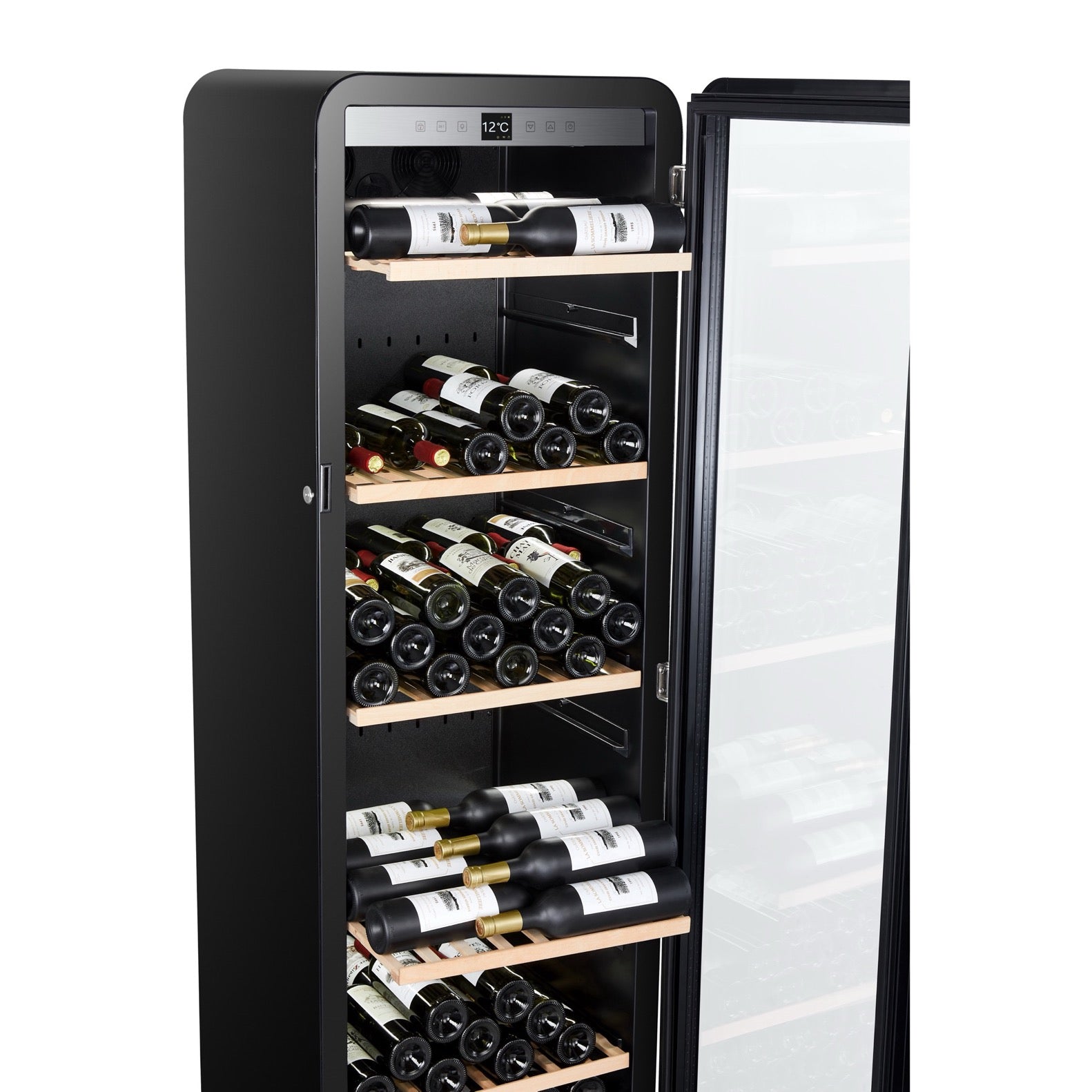 Vista de la Vinoteca 185 botellas La Sommelière APOGEE 200PV cargada de botellas de vino tinto y blanco