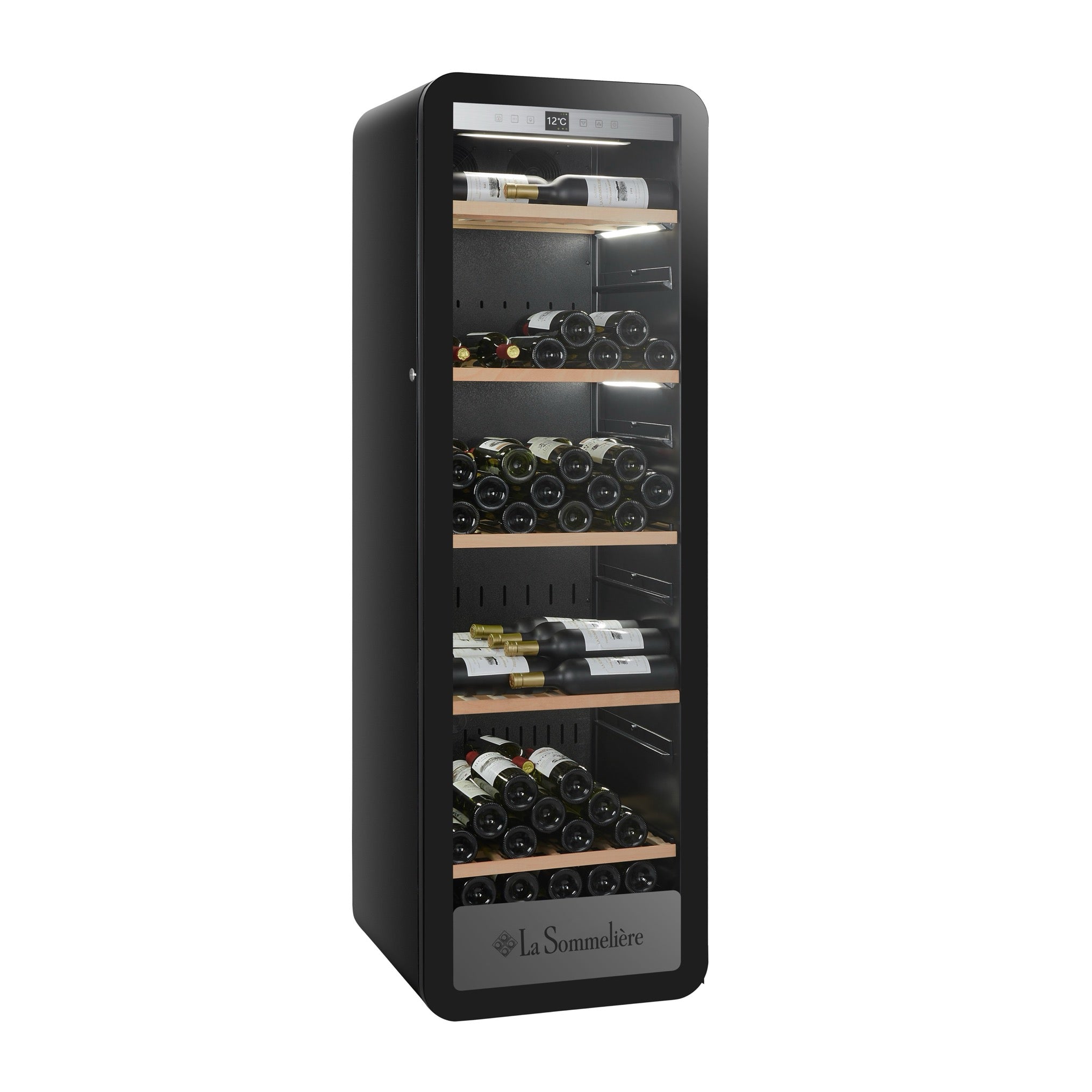 Vista de la Vinoteca 185 botellas La Sommelière APOGEE 200PV completamente abastecida con botellas de vino