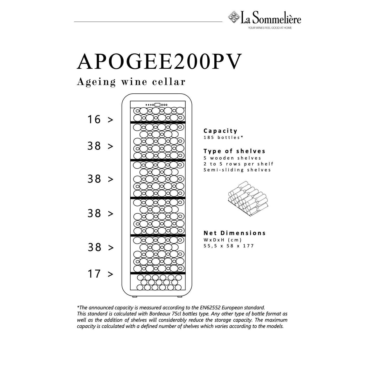Vista de la Vinoteca 185 botellas La Sommelière APOGEE 200PV cargada de botellas de vino tinto y blanco