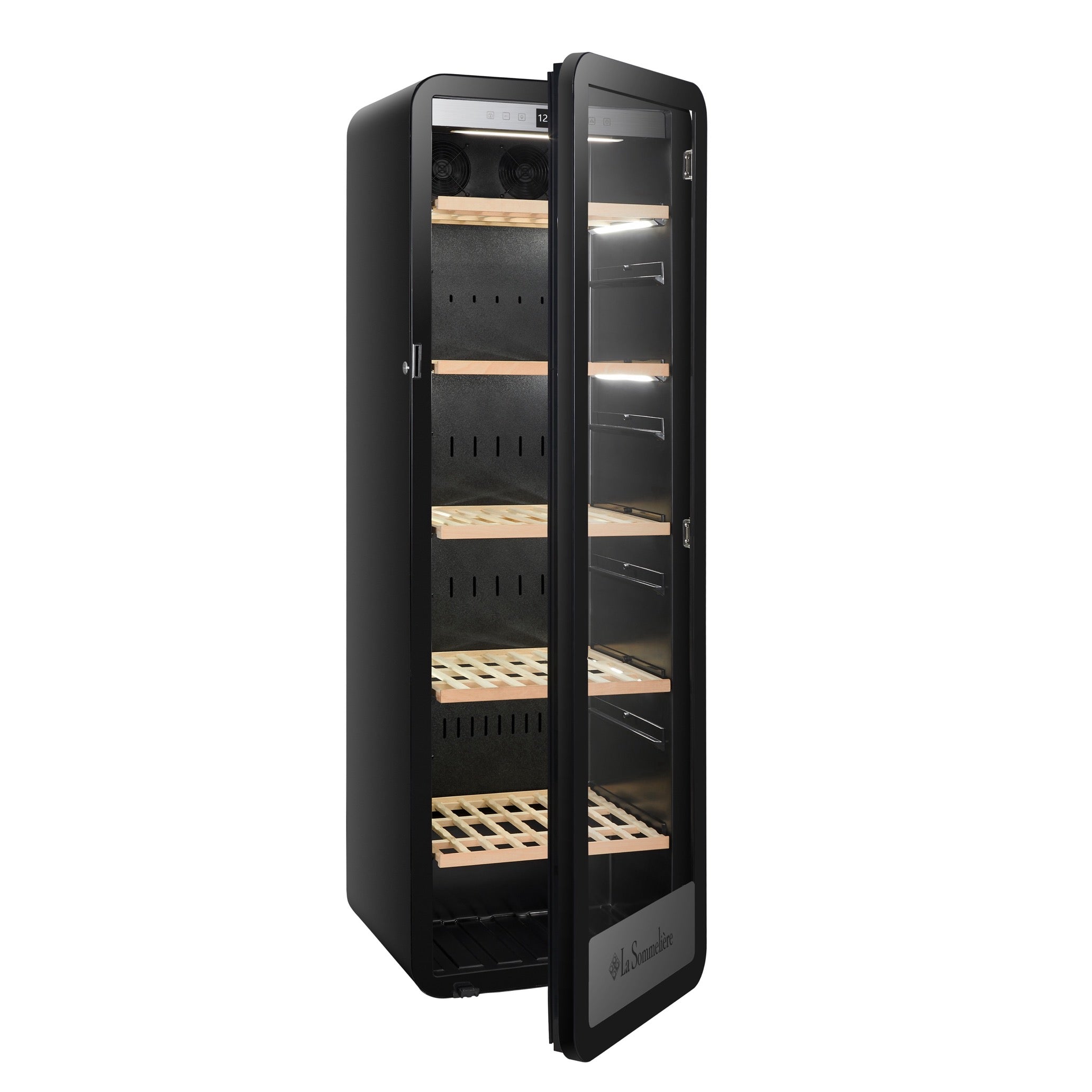 Vista de la Vinoteca 185 botellas La Sommelière APOGEE 200PV con estantes de madera llenos de botellas