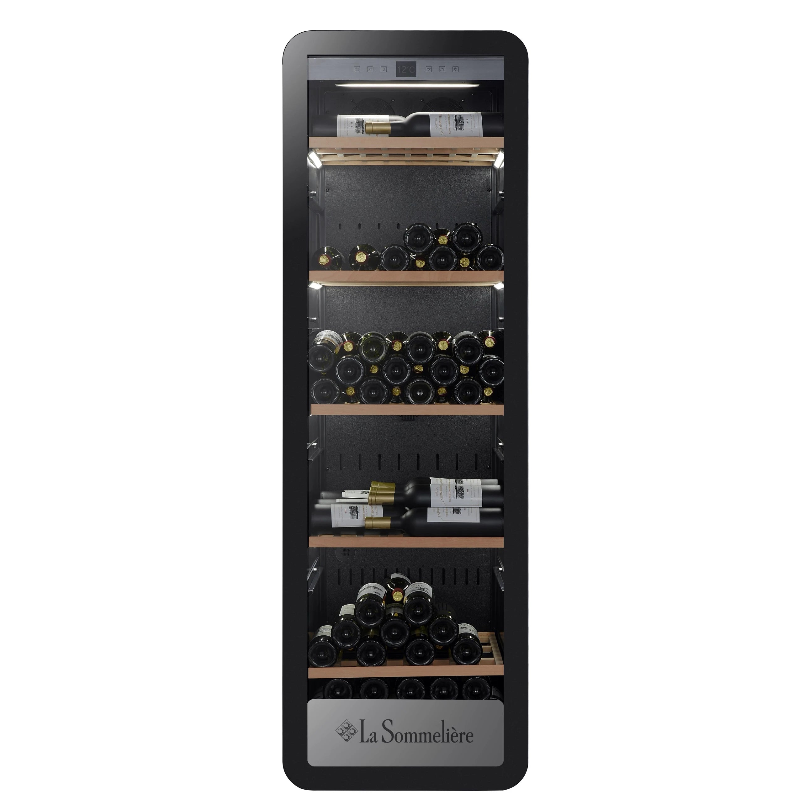 Vista frontal de la Vinoteca 185 botellas La Sommelière APOGEE 200PV completamente abastecida con botellas de vino