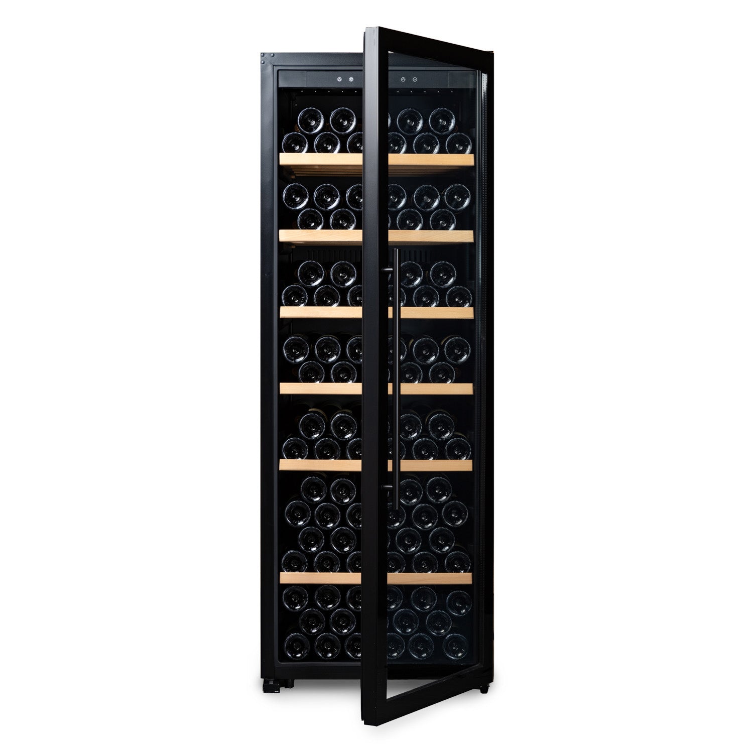 Vinoteca 192 botellas Vinobox V190 PRO vista frontal con puerta semiabierta y llena de botellas de vino