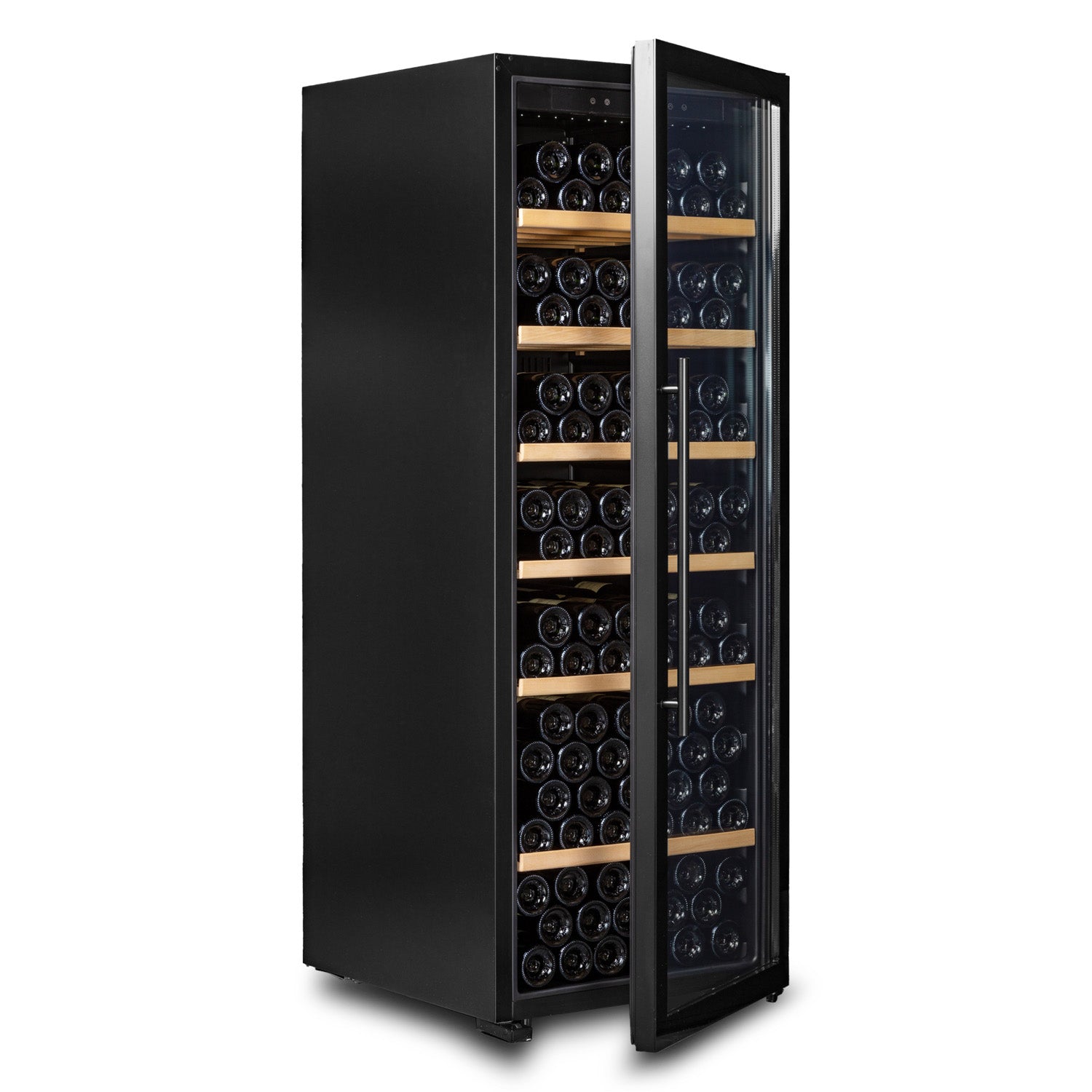 Vinoteca 192 botellas Vinobox V190 PRO vista lateral con puerta semiabierta y llena de botellas de vino
