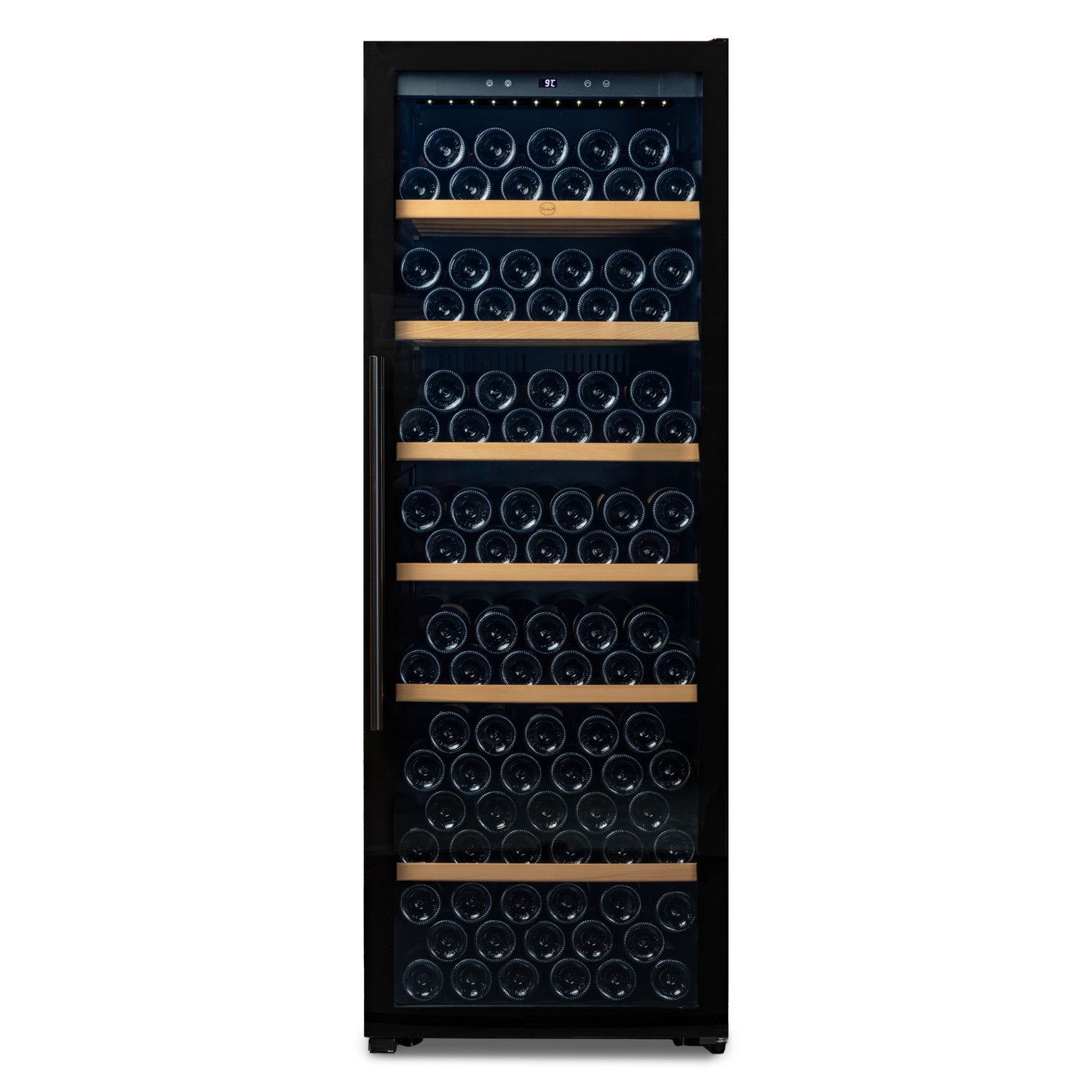 Vinoteca 192 botellas Vinobox V190 PRO vista frontal con puerta cerrada y llena de botellas de vino