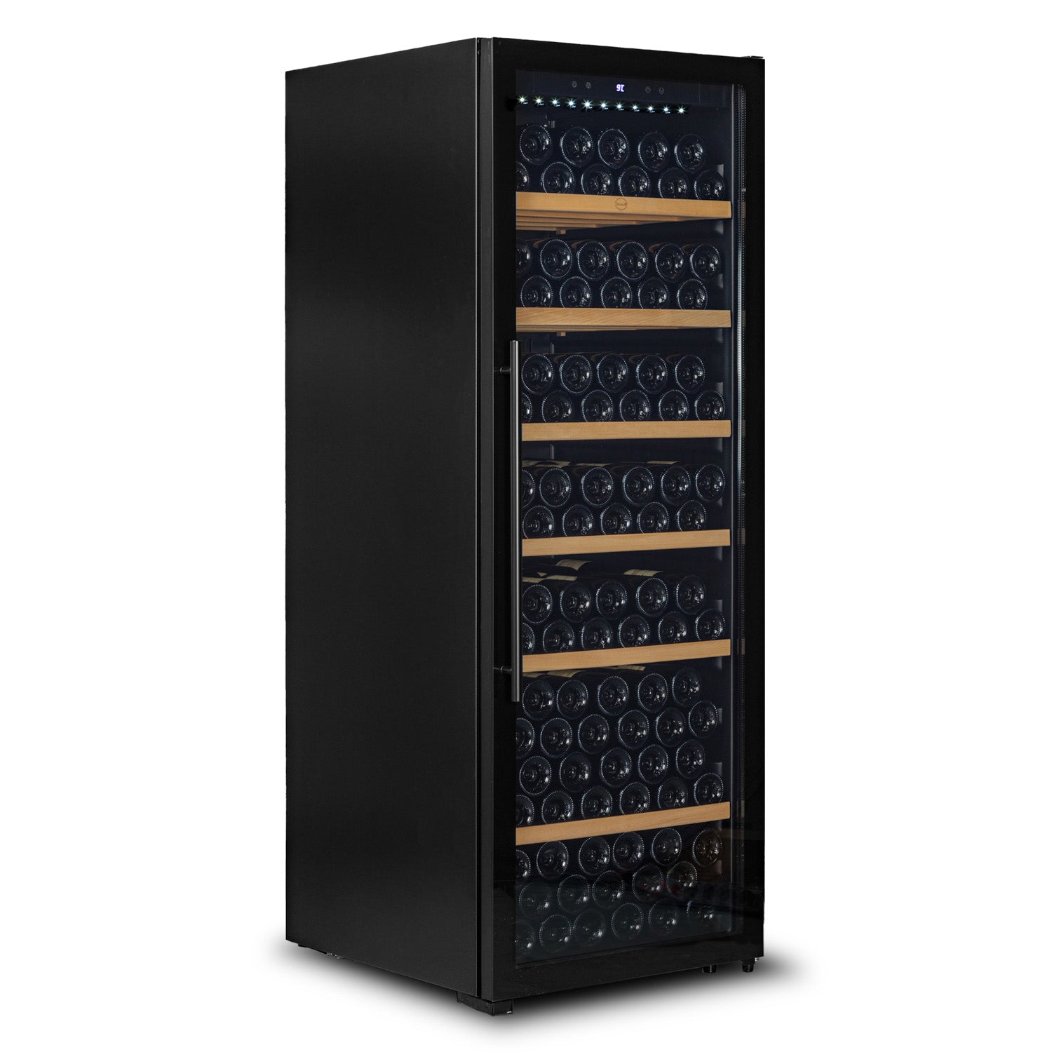 Vinoteca 192 botellas Vinobox V190 PRO vista lateral con puerta cerrada y llena de botellas de vino