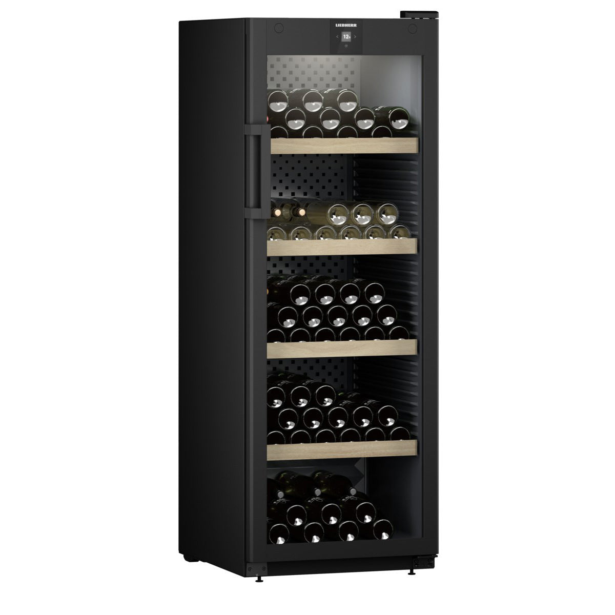 Vinoteca 196 botellas Liebherr GrandCru WPbl 5001 vista lateral puerta cerrada llena de botellas de vino
