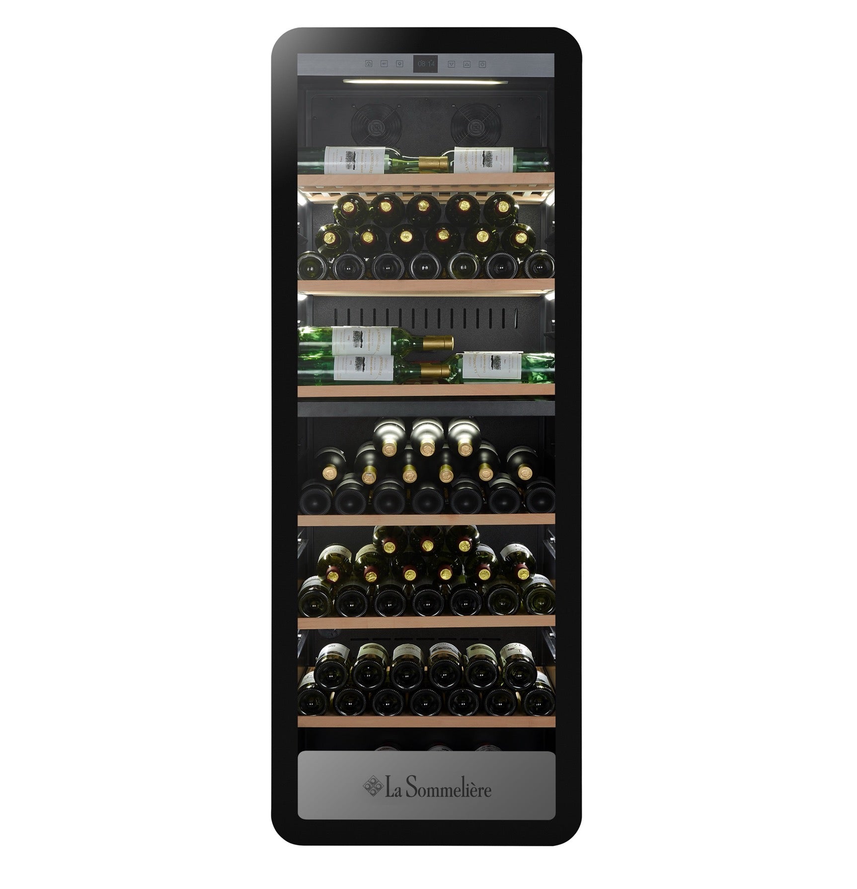 Vista de la Vinoteca 247 botellas La Sommelière APOGEE 250DZ doble zona con estantes de madera llenos de botellas