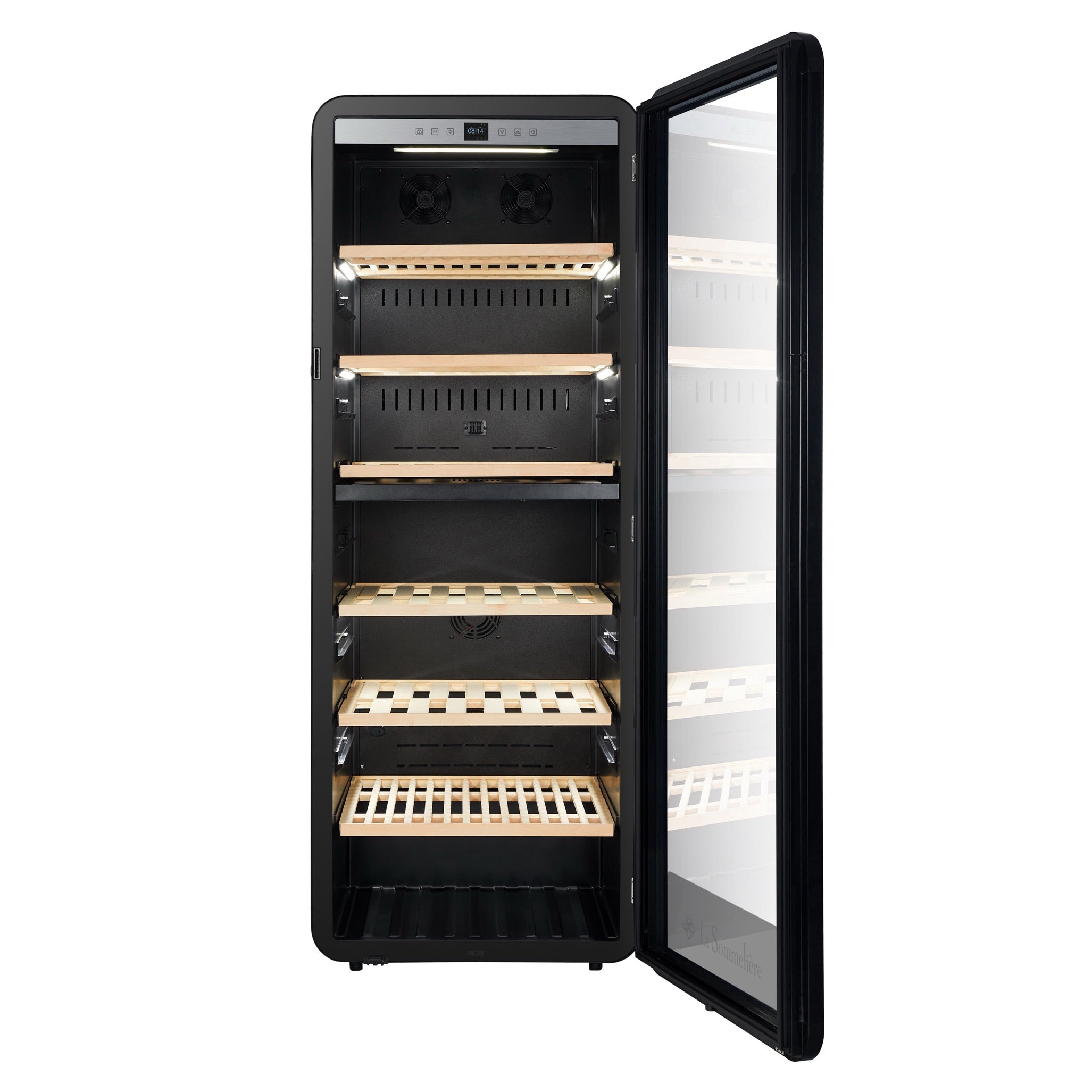 Vista de la Vinoteca 247 botellas La Sommelière APOGEE 250DZ doble zona con estantes de madera llenos de botellas