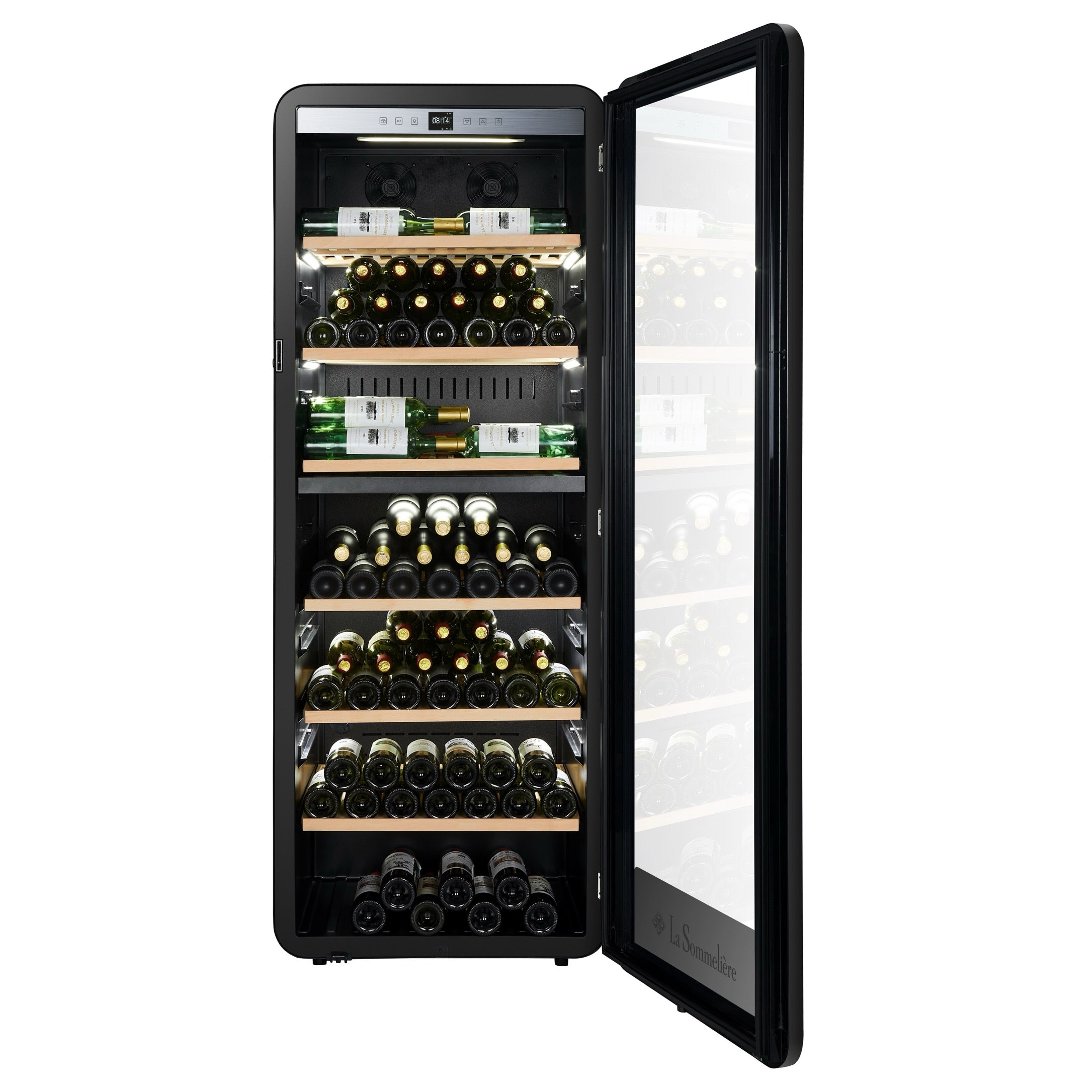 Vista de la Vinoteca 247 botellas La Sommelière APOGEE 250DZ doble zona cargada de botellas de vino tinto y blanco