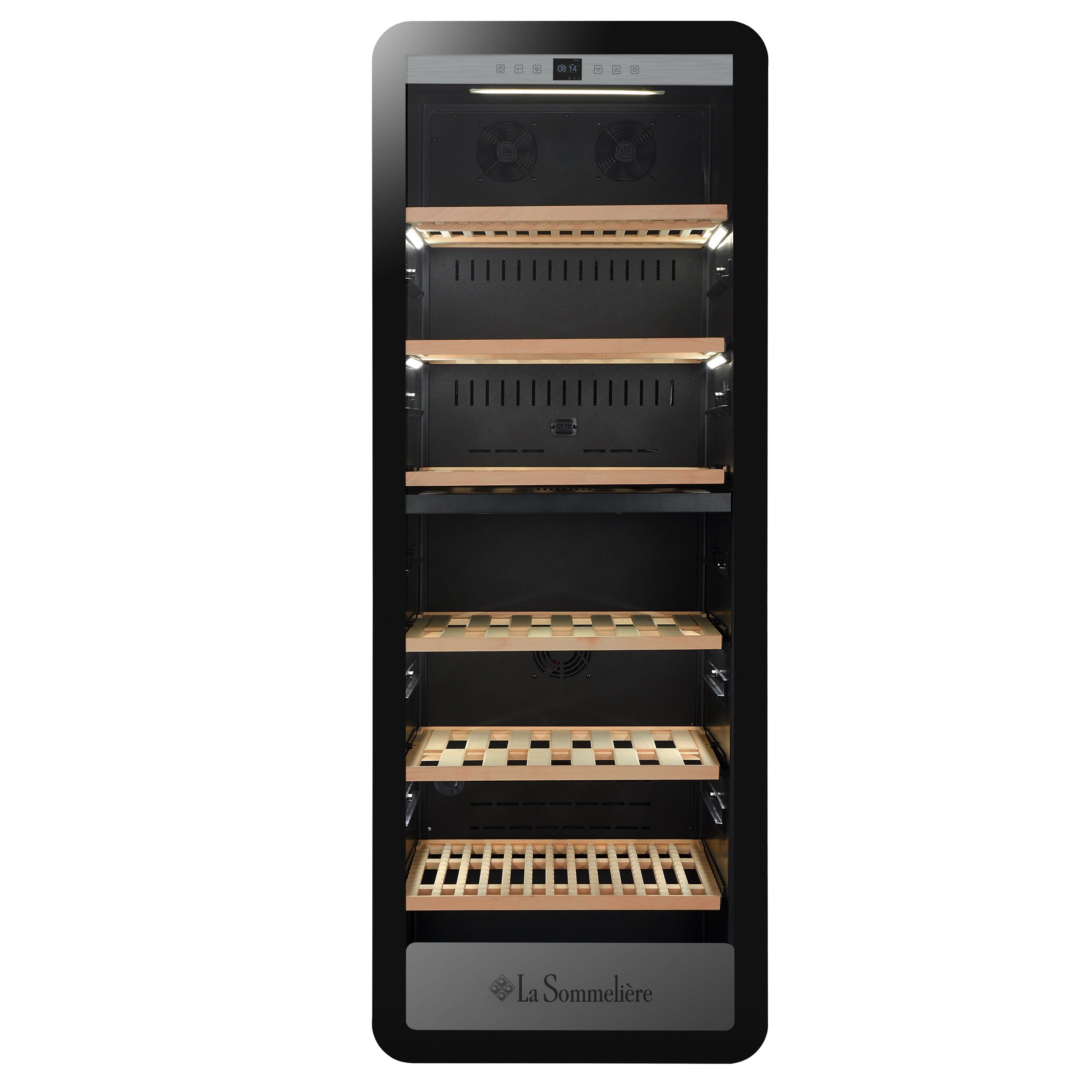 Vista de la Vinoteca 247 botellas La Sommelière APOGEE 250DZ doble zona completamente abastecida con botellas de vino