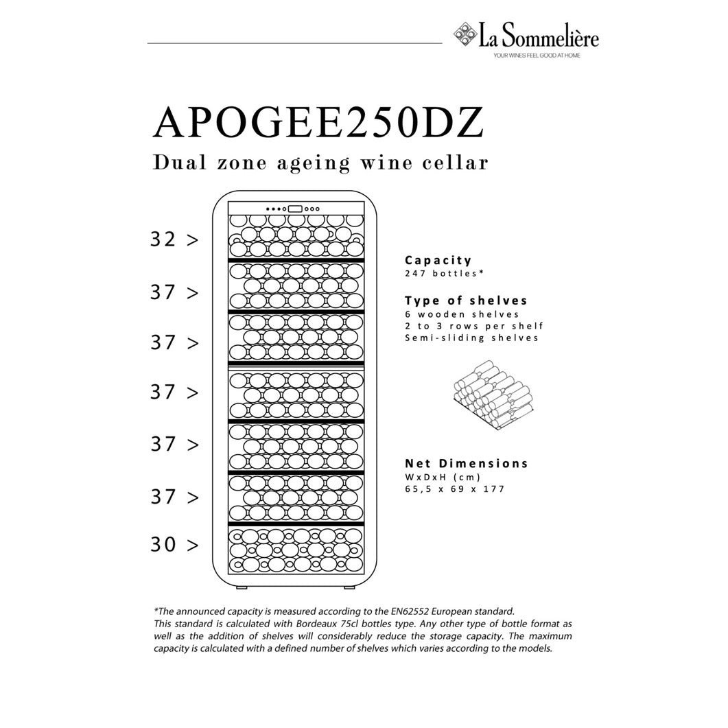 Vista de la Vinoteca 247 botellas La Sommelière APOGEE 250DZ doble zona repleta de botellas en estantes de madera