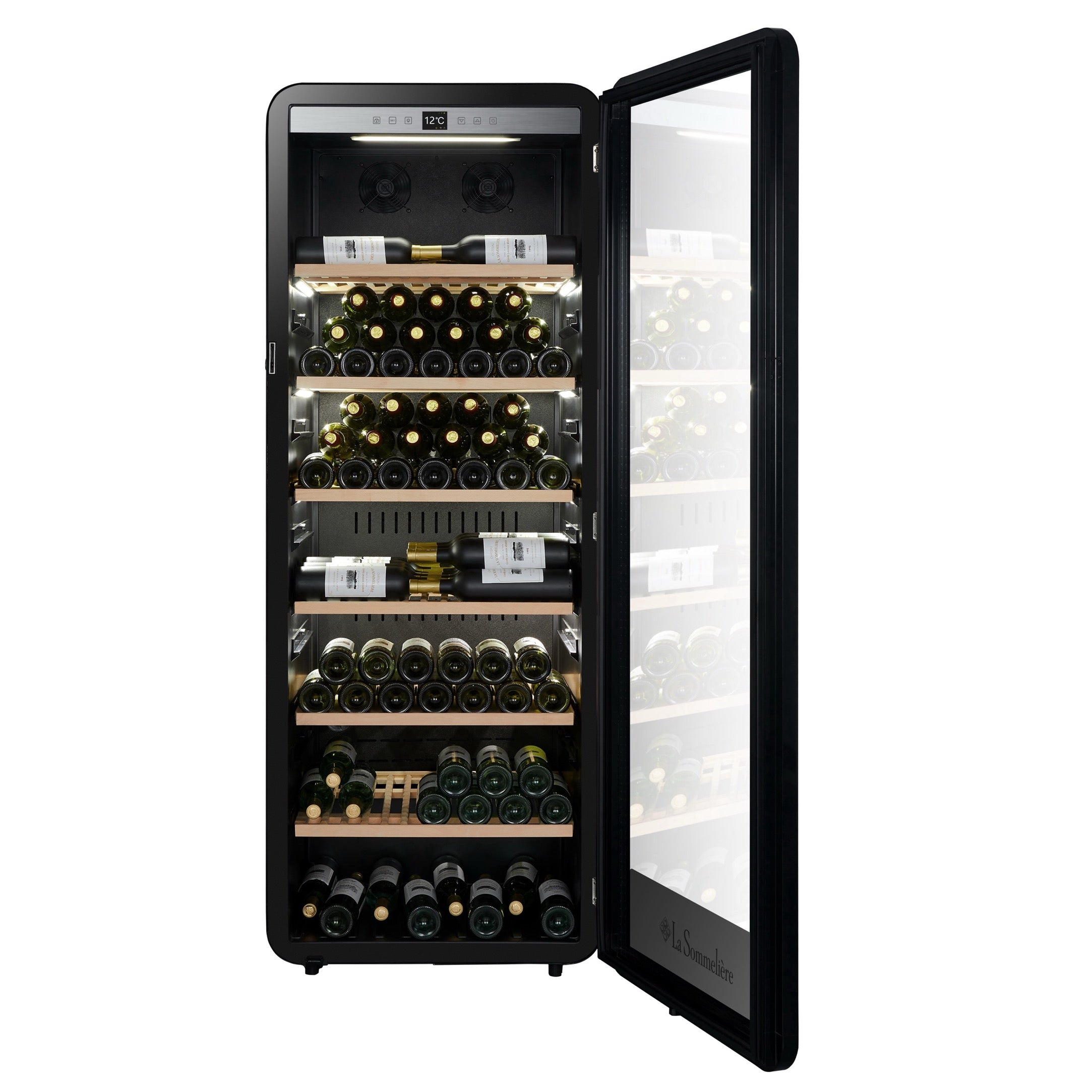 Vista de la Vinoteca 254 botellas La Sommelière APOGEE 255PV completamente abastecida con botellas de vino