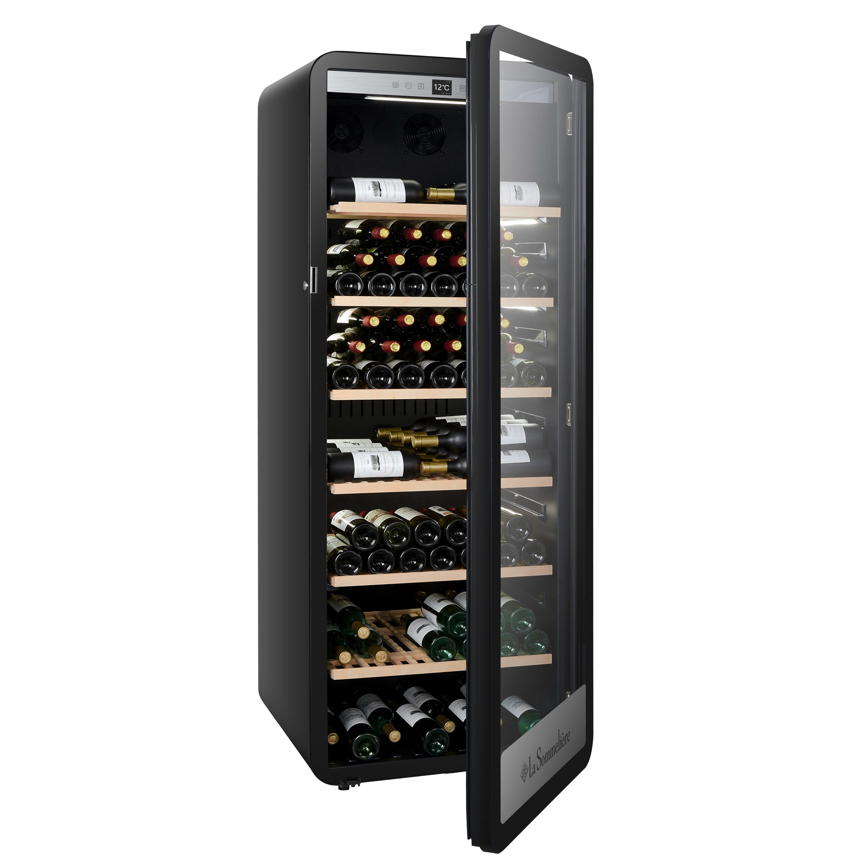Vista de la Vinoteca 254 botellas La Sommelière APOGEE 255PV completamente abastecida con botellas de vino