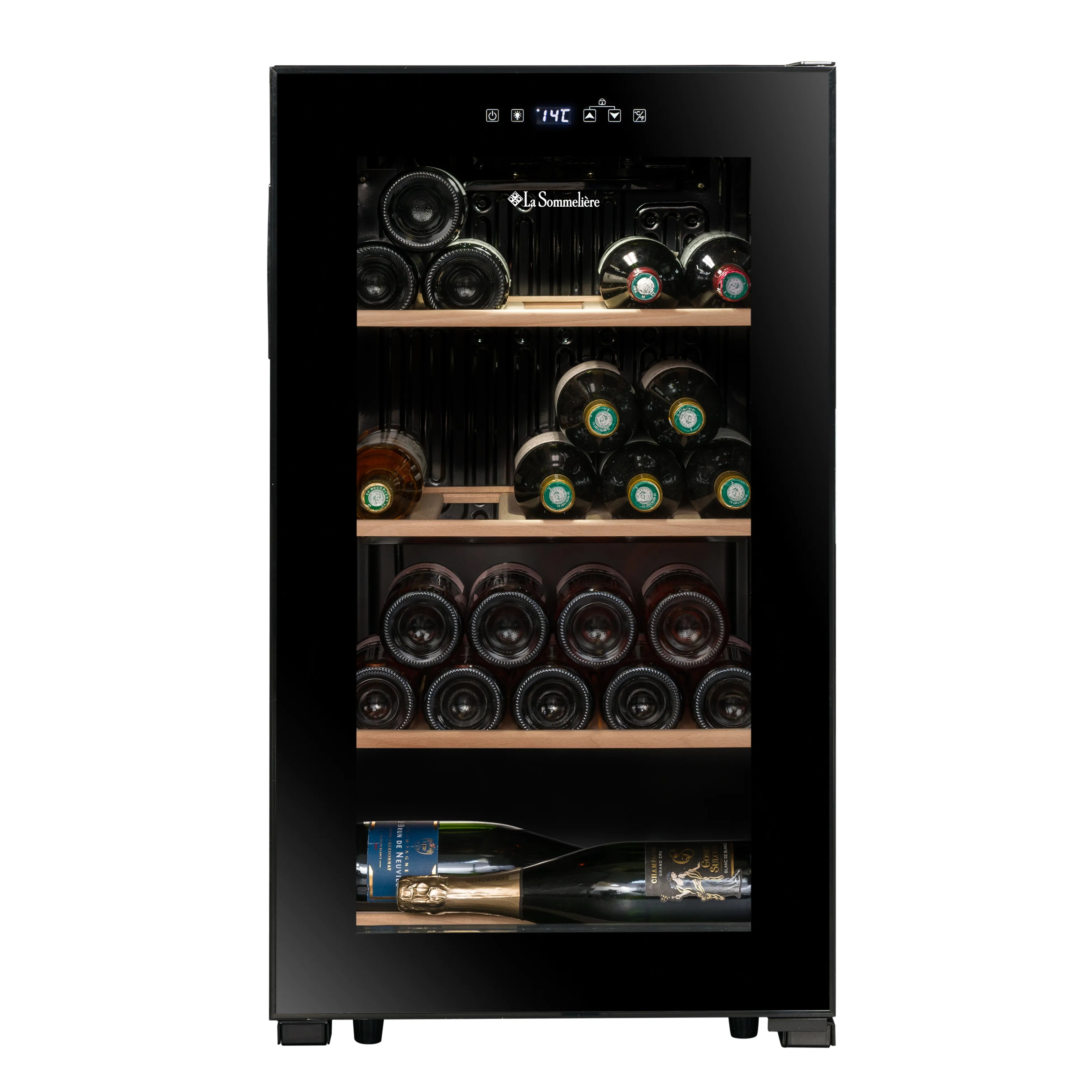 Vinoteca La Sommelière LS36 Black de 36 botellas con puerta de cristal oscura, estantes de madera y botellas a la vista.