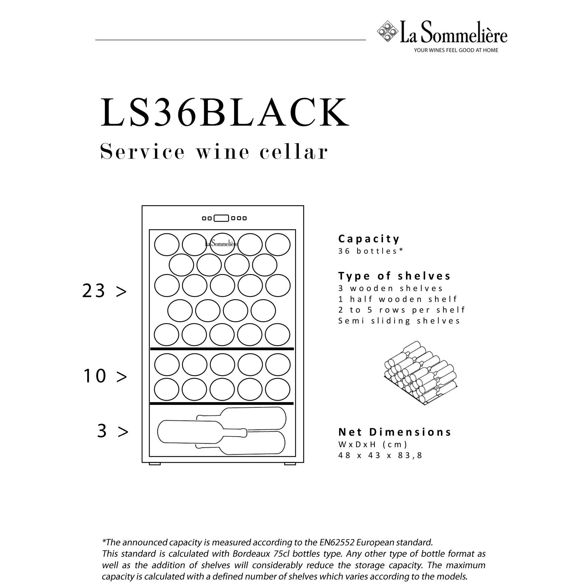 Diagrama de la vinoteca La Sommelière LS36 Black indicando la capacidad de 36 botellas, tipos de estantes y dimensiones 48×43×83,8 cm.