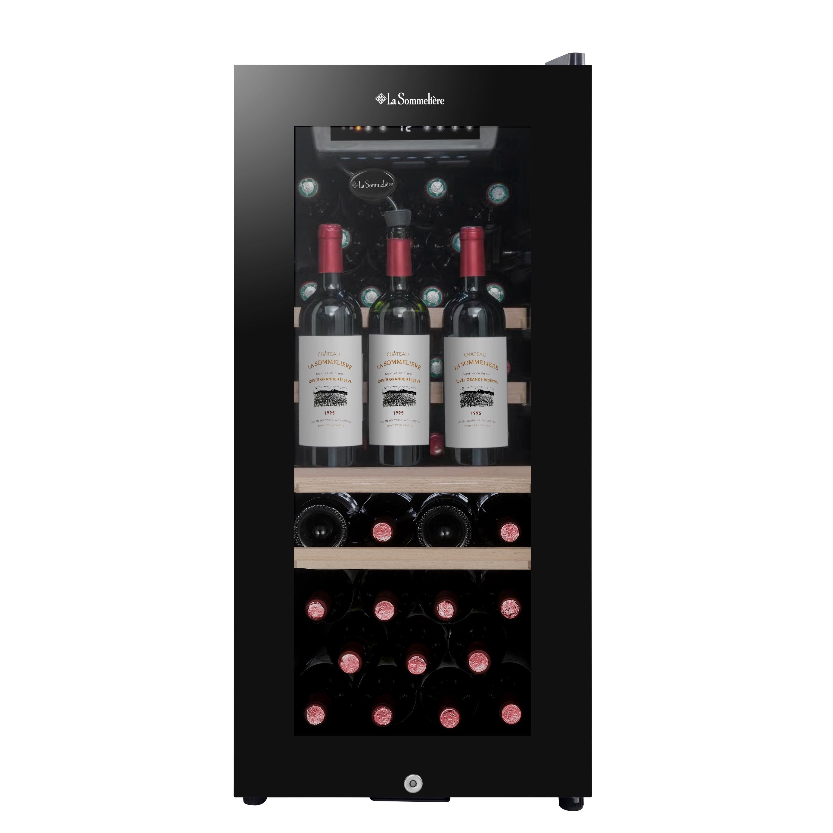 Vista de la Vinoteca 38 botellas La Sommelière LS38BLACK con estantes de madera llenos de botellas