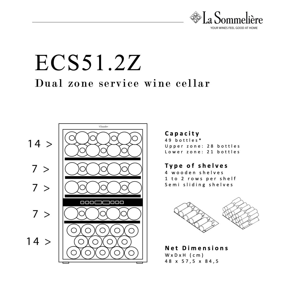 Vista de la Vinoteca 49 botellas La Sommelière ECS51.2Z doble zona con estantes de madera llenos de botellas