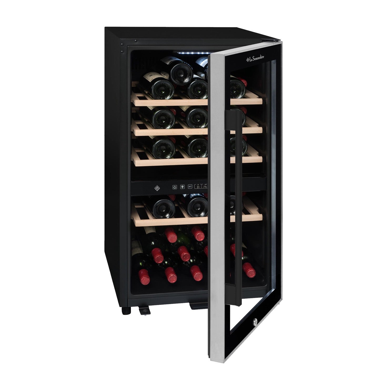 Vista de la Vinoteca 49 botellas La Sommelière ECS51.2Z doble zona completamente abastecida con botellas de vino