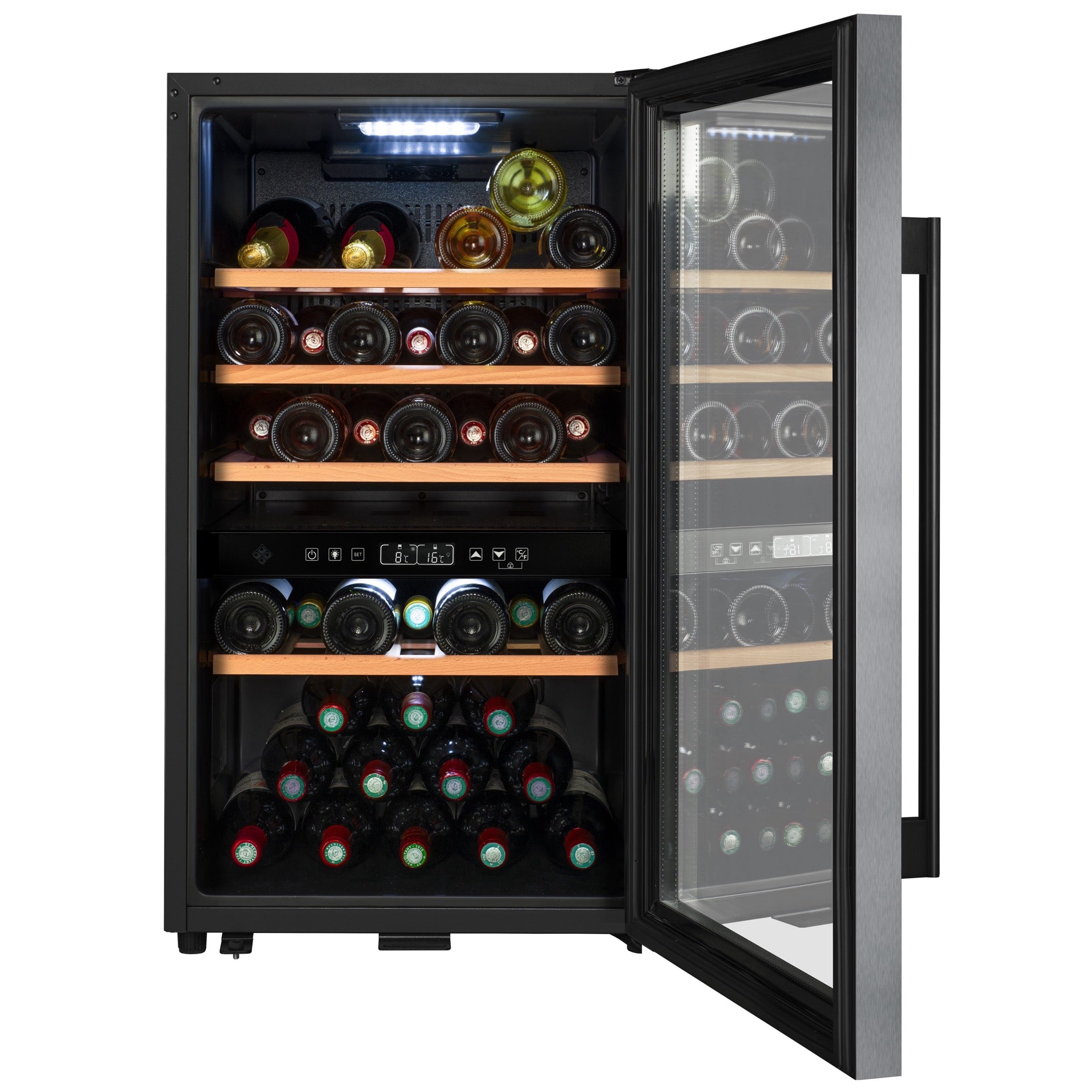 Vista de la Vinoteca 49 botellas La Sommelière ECS51.2Z doble zona cargada de botellas de vino tinto y blanco