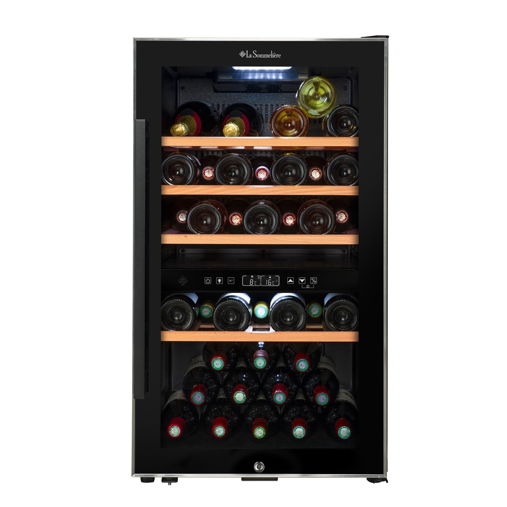 Vista de la Vinoteca 49 botellas La Sommelière ECS51.2Z doble zona con estantes de madera llenos de botellas