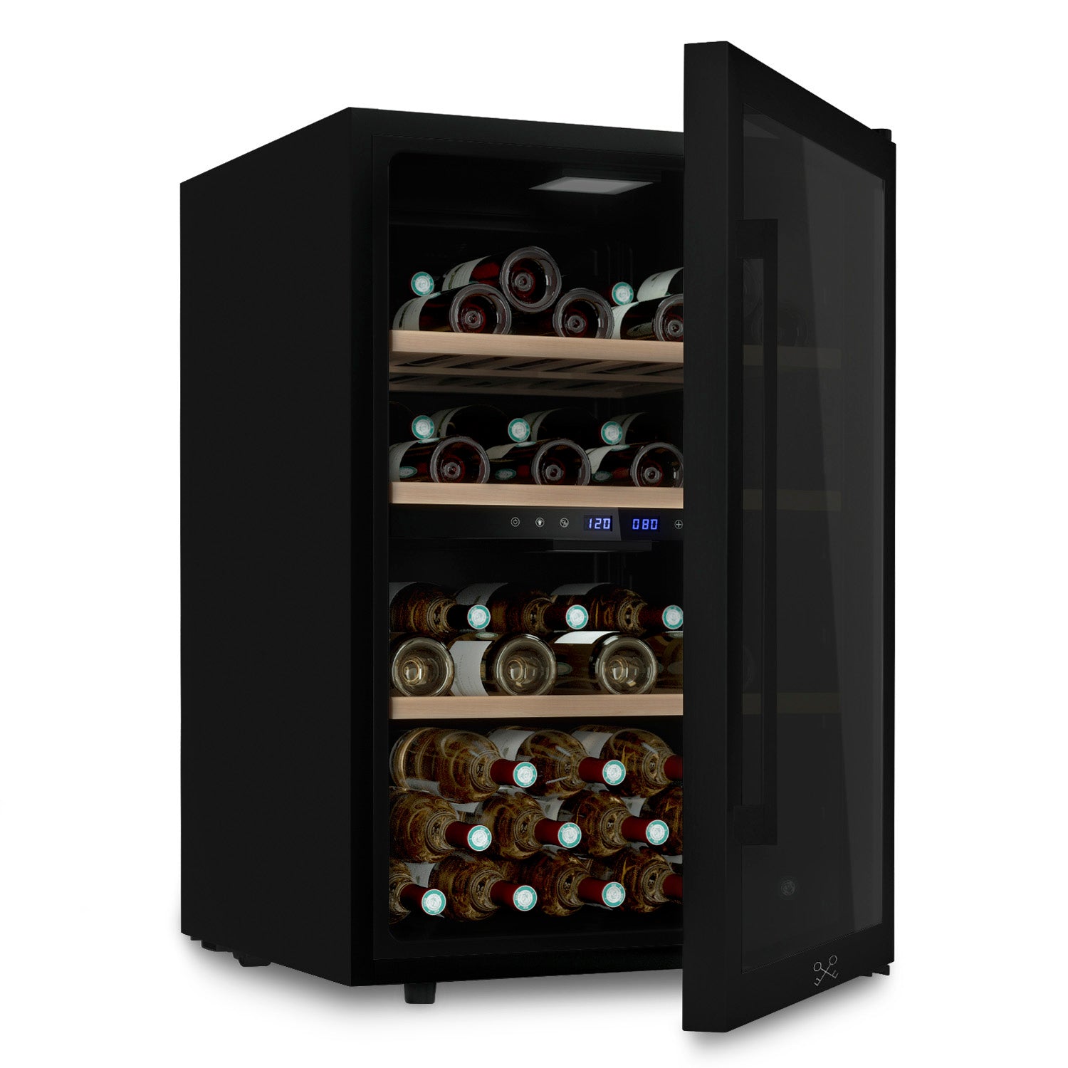 Vinoteca 62 botellas Les Petits Champs CAVCDB62 puerta semiabierta llena de botellas de vino