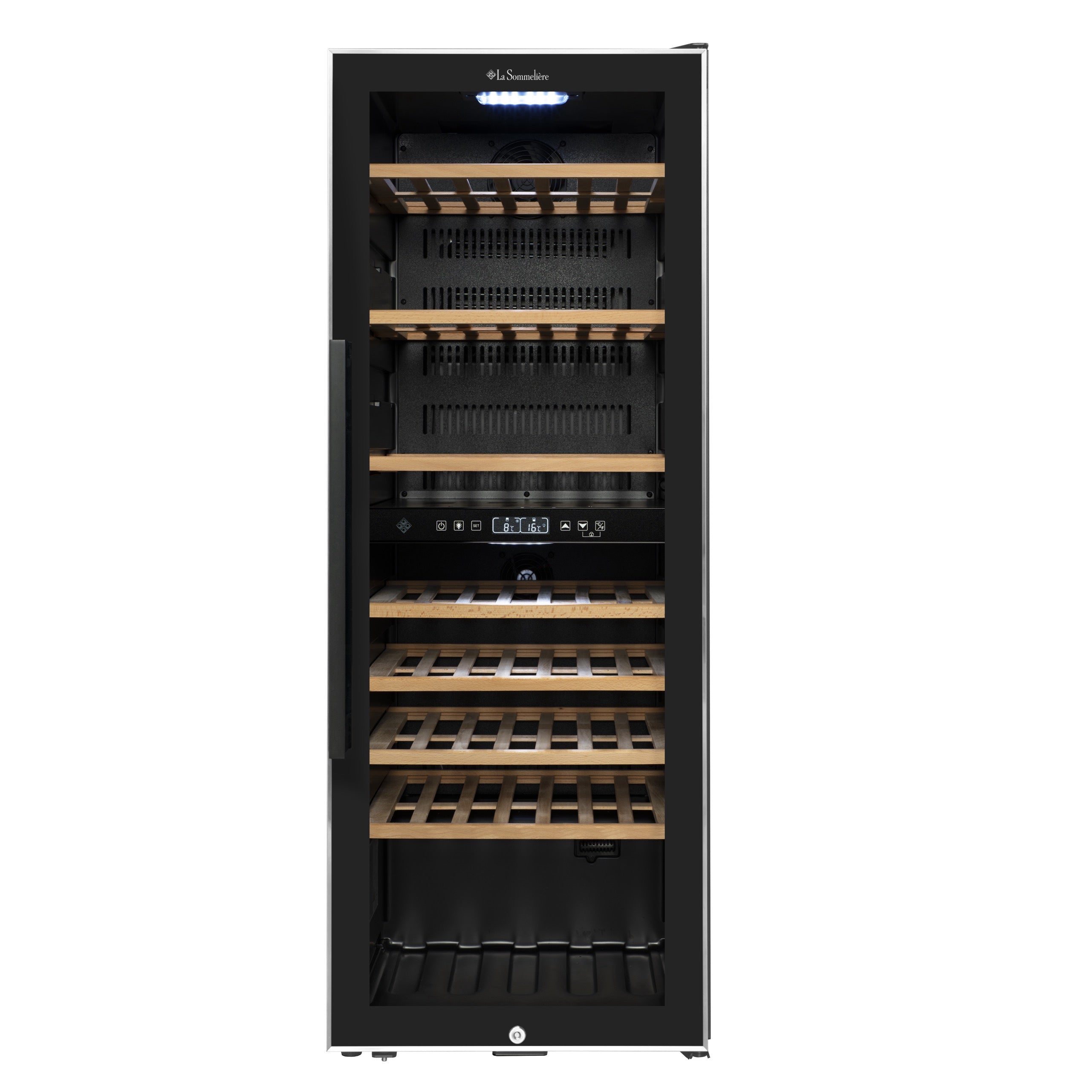 Vista de la Vinoteca 75 botellas La Sommelière ECS81-2Z doble zona completamente abastecida con botellas de vino