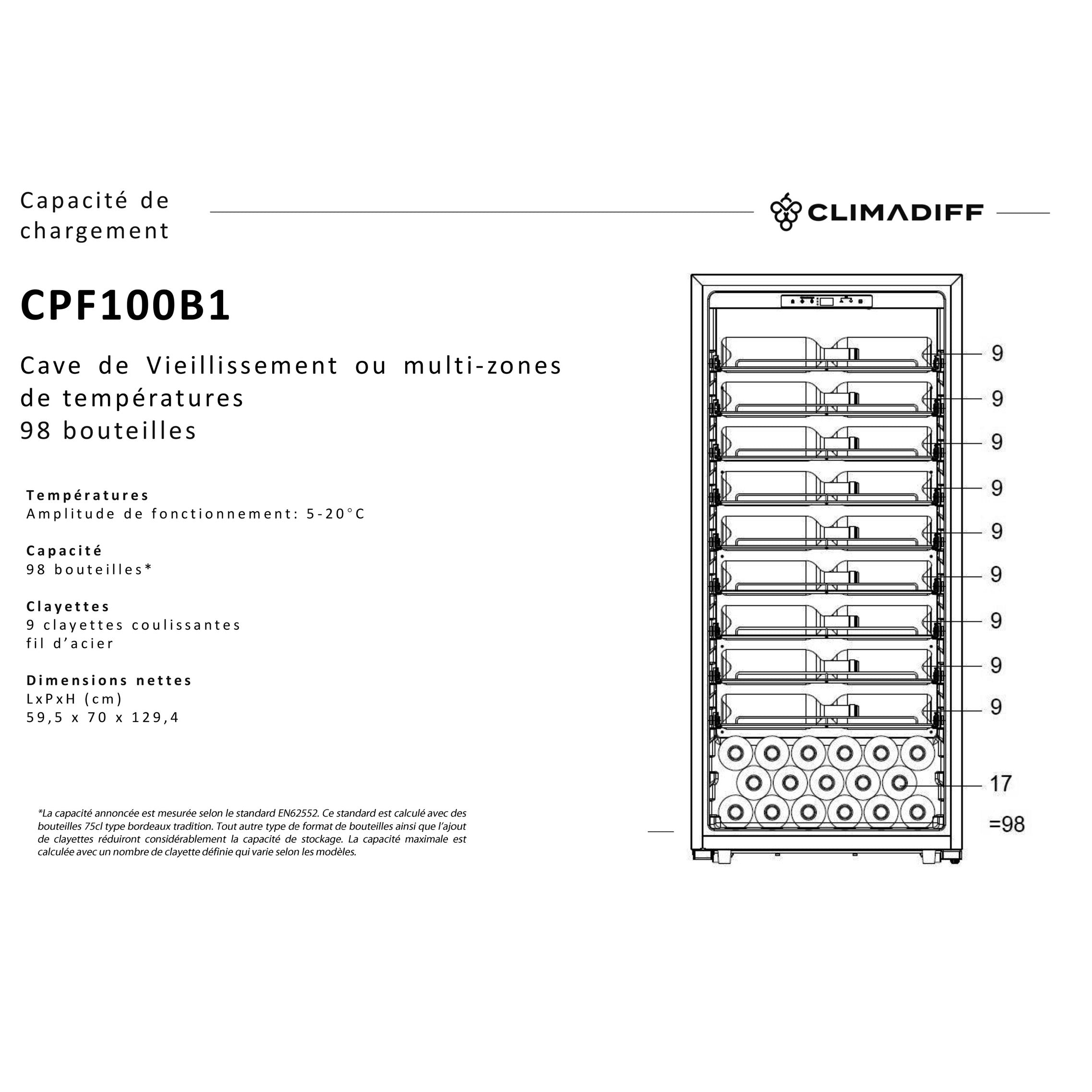 Wine Cooler 98 bottles Climadiff CPF100B1 Polyvalent