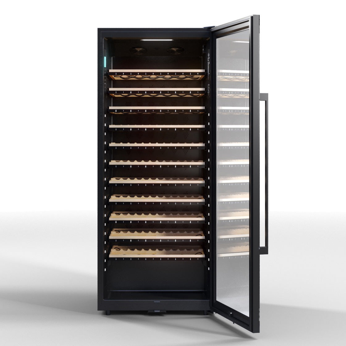 Vista de la Vinoteca multizona 149 botellas La Sommelière ECELLAR150 completamente abastecida con botellas de vino